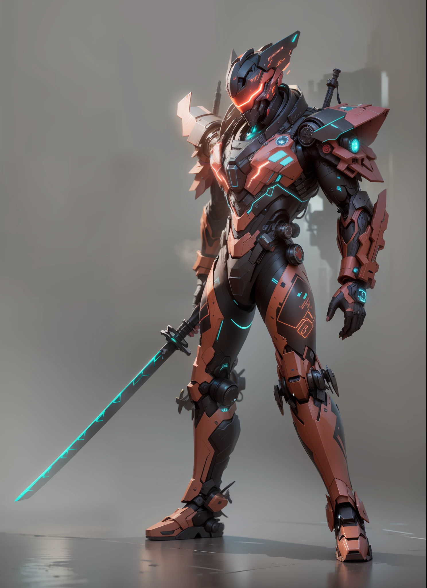 Realiy，photorealestic，Machinary，mechs，Technologie，musculous，glowing light eyes，Burly body，style of photography，Real scenery（Metallic texture 1.8）（Excess detail 2）（High resolution1.6）（4K clarity1.9)（Carbon fiber 1.5）（Metal reflection 1.5），Sword in hand，Neon lights