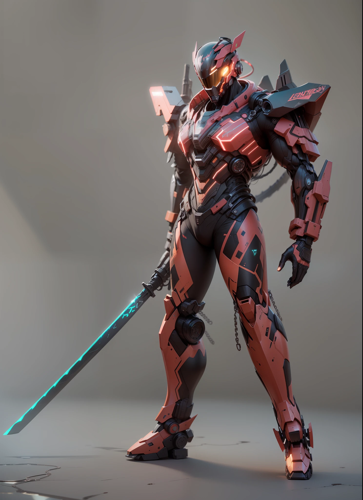 Realiy，photorealestic，Machinary，mechs，Technologie，musculous，glowing light eyes，Burly body，style of photography，Real scenery（Metallic texture 1.8）（Excess detail 2）（High resolution1.6）（4K clarity1.9)（Carbon fiber 1.5）（Metal reflection 1.5），Sword in hand，Neon lights