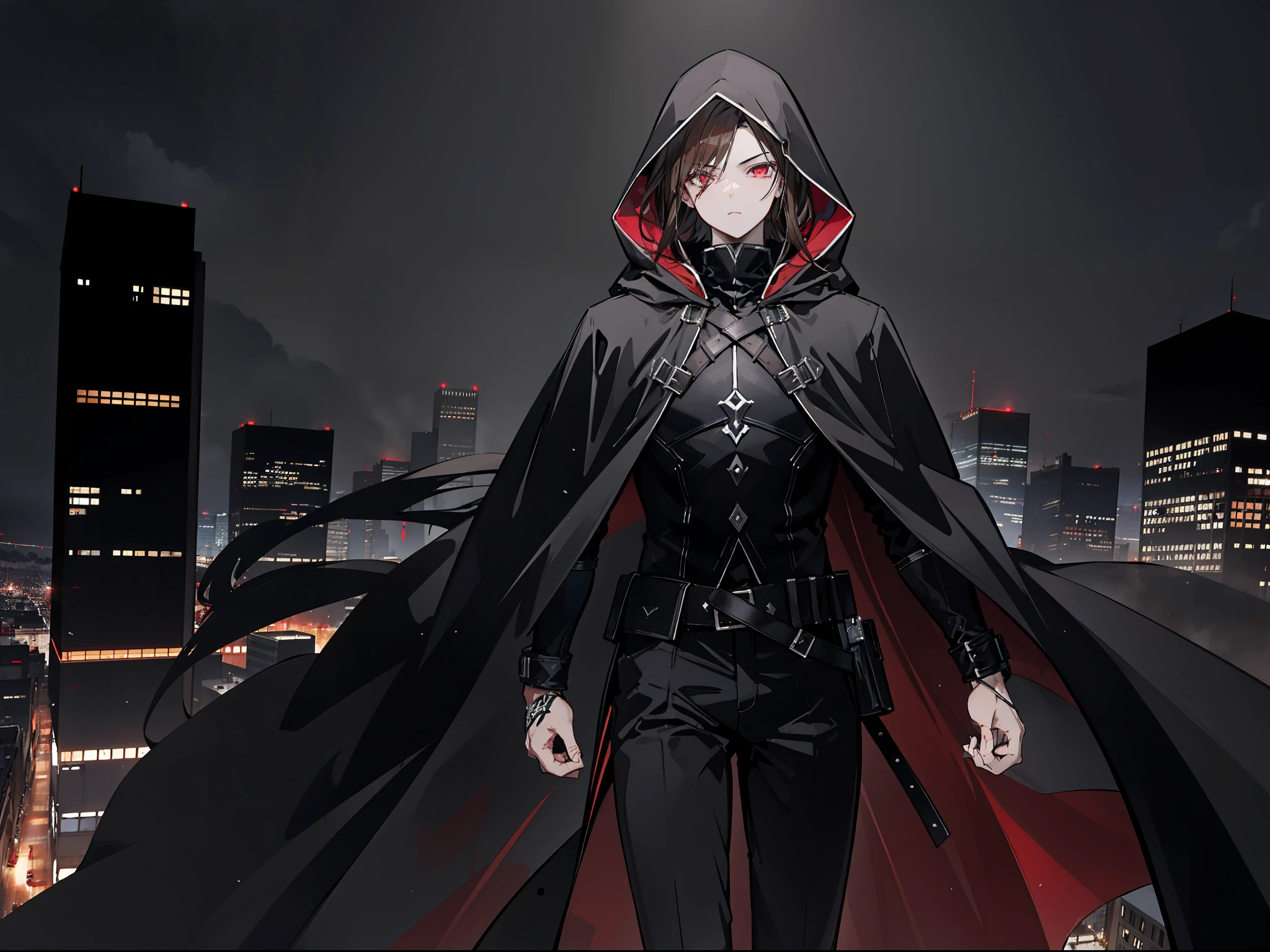 "Epic night city atmosphere, stunning 4k artwork featuring a badass man with brown hair. Deep red eyes. He was wearing black hero cloak with hood in the city"