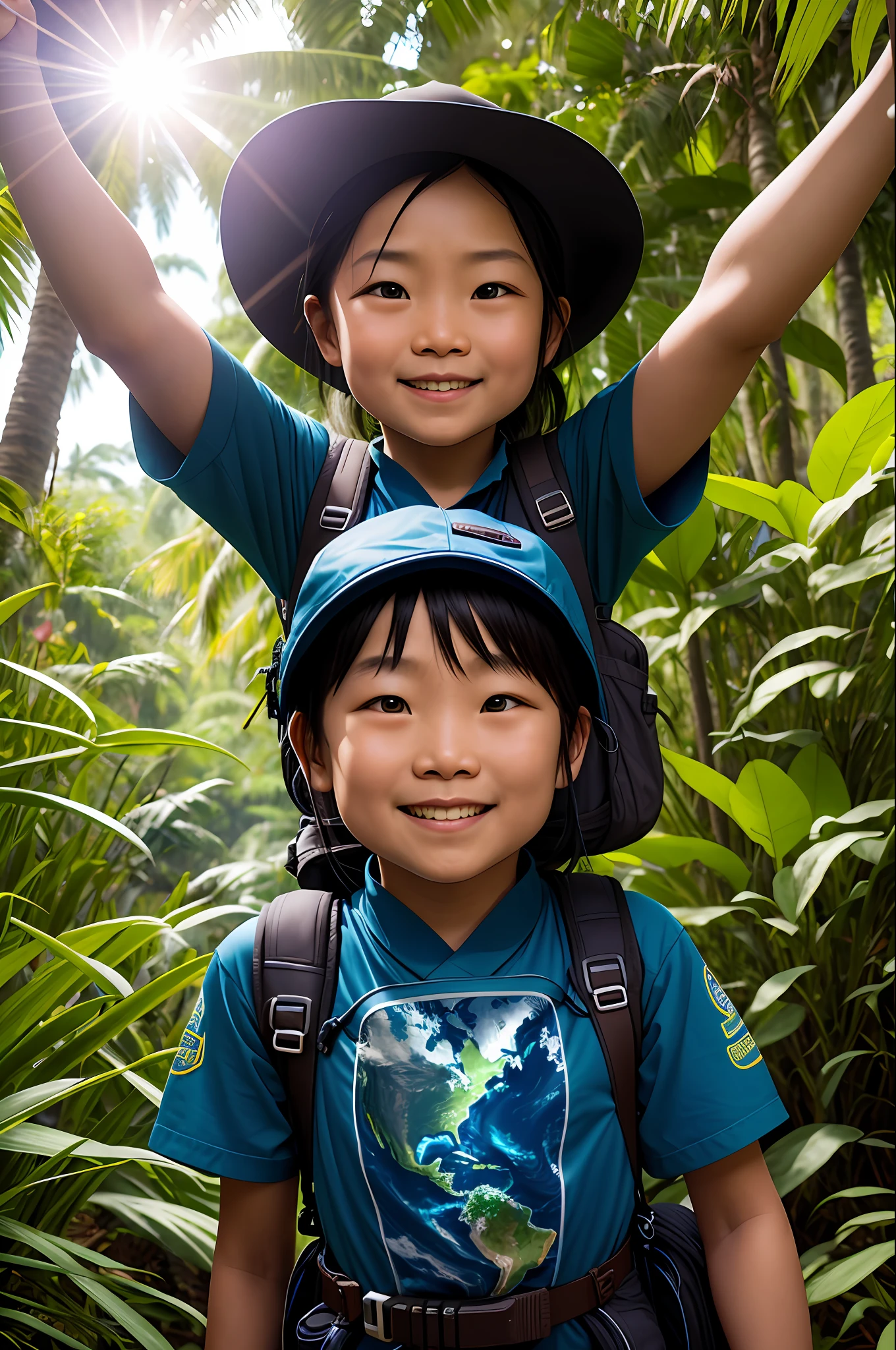 Adventure trip, 8 years old Chinese girl, Real Persono, facial, Expression of happiness in the Amazon rainforest, An adventure dress, travelbags, Adventure has,Magnifying glass in hand, Map, critters, Tall trees, Explore the unknown,Surreal scenes, With the movie《Journey》Take the center of the earth as a reference,
Backlight, film effect, 3D, HD, OC renderer,Cinematic lighting, Super detail, 8K, hyper-detailing,Close-up of people