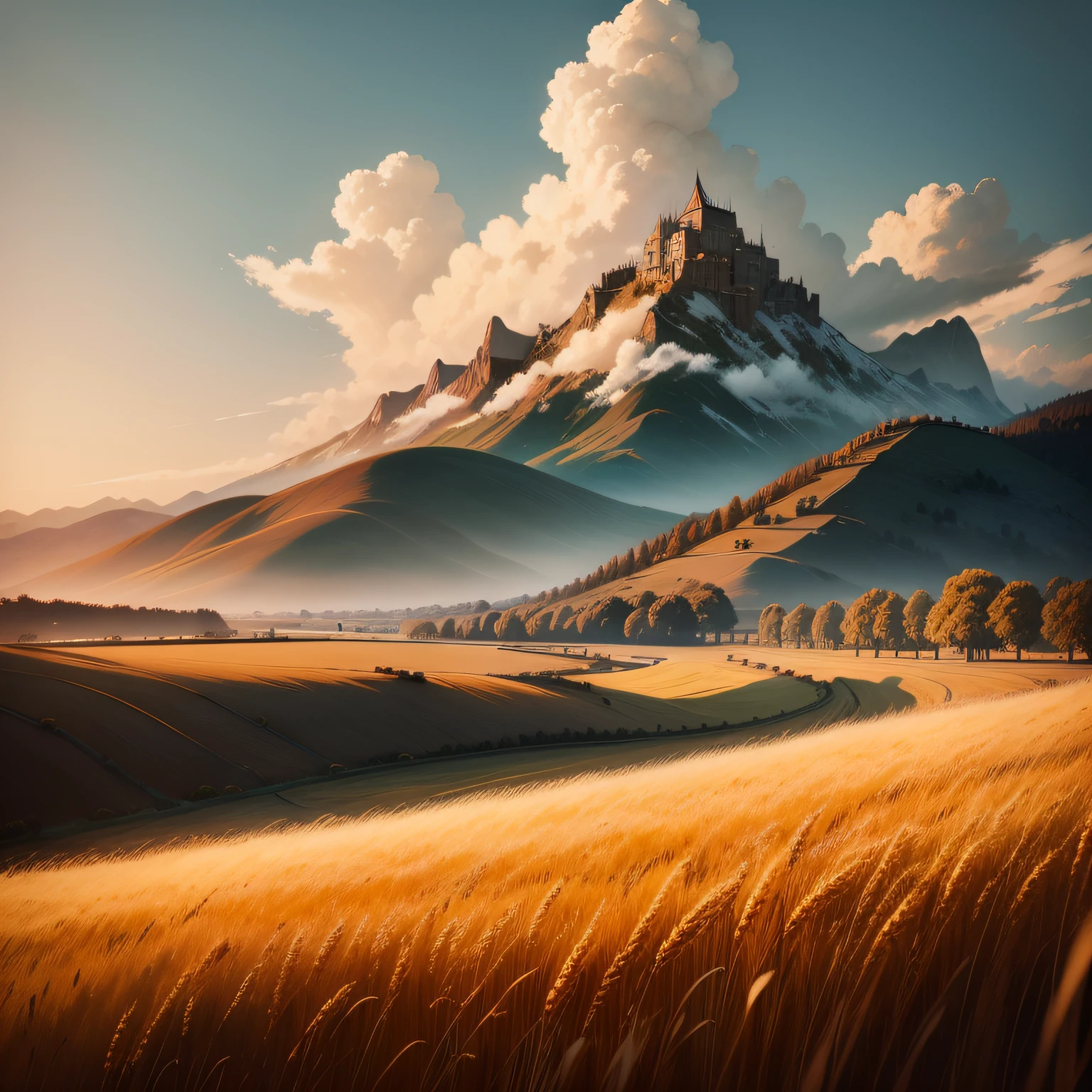 wheat field、the scarecrow、vintagestyle、A town far away、eventide、Clouds --auto