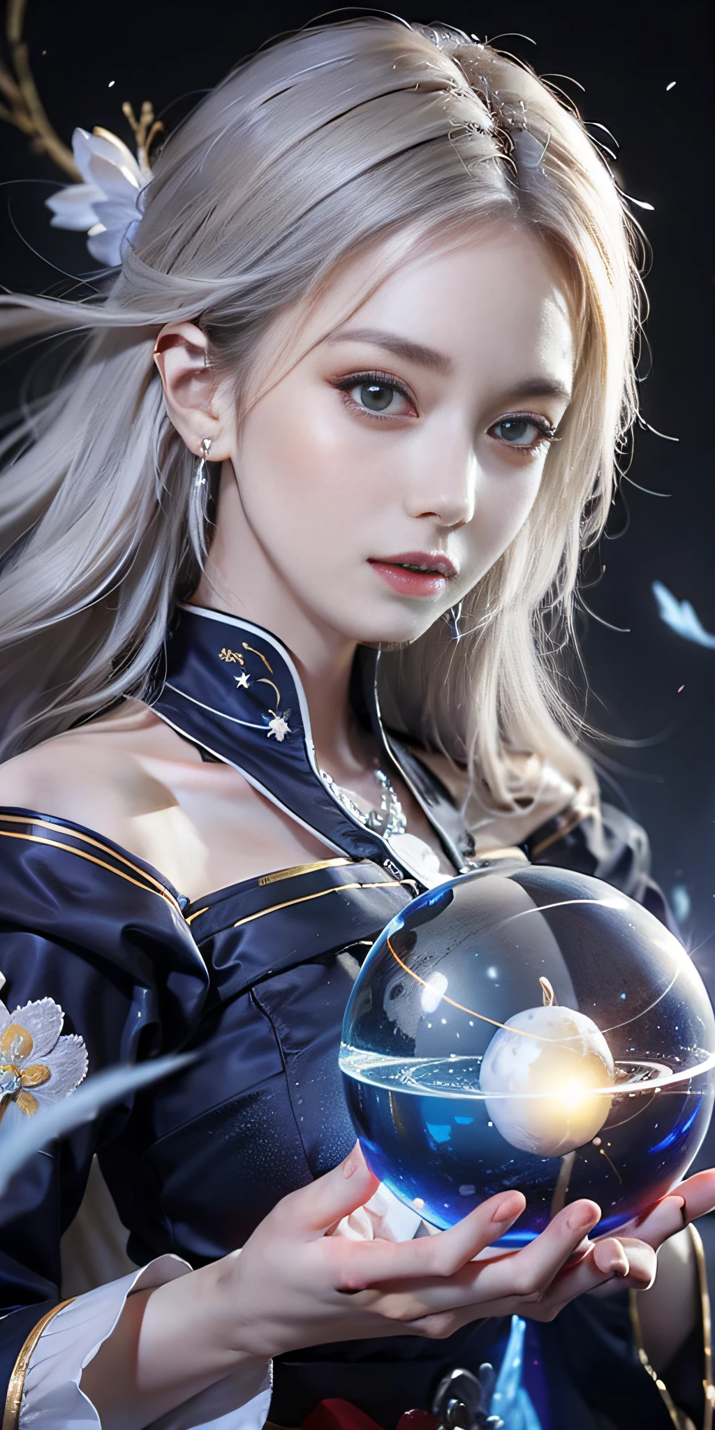 Realistis，tmasterpiece，Best quality at best，best qualtiy，超高分辨率，（Realiy感），（Detailed eyes：1.4），（Realiy，Realiy感：1.4），Perfect lighting，（full bodyesbian）、Anime girl with white hair and blue eyes holding glowing ball, Beautiful celestial mage, huge tit：1.5，Pale and Lustrous Skin，Onmyoji detailed art, Keqing from Genshin Impact, epic mage girl character, Ayaka Genshin impact, portrait of a female mage, Kushatt Krenz Key Art Women, white-haired god, astral witch clothes, beautiful female witch