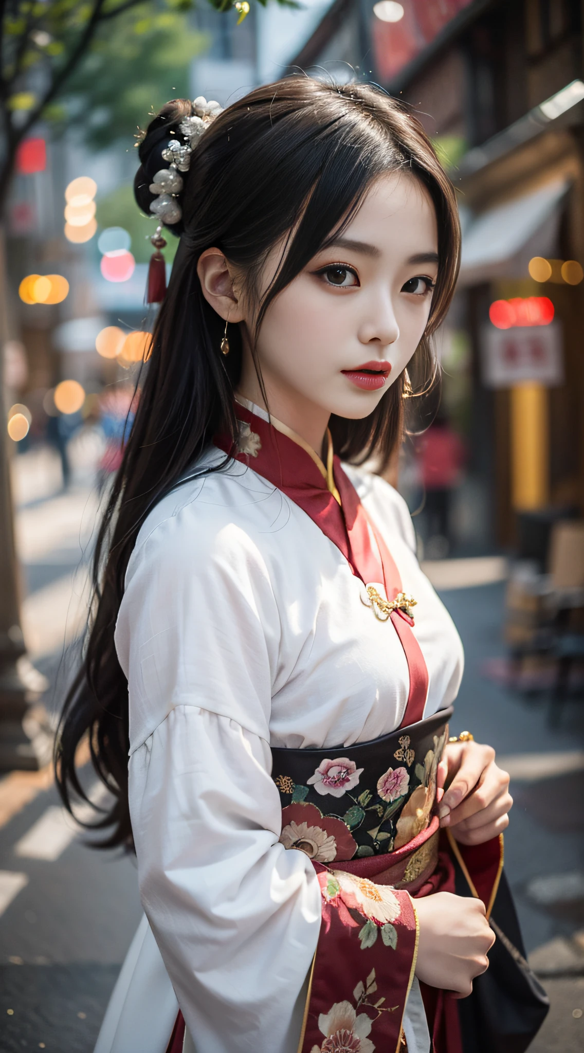 Chinese beautiful woman，adolable，temperament，ellegance，Wearing white Chinese Hanfu，Antique，Scene in ancient China，Setting: night in a small alley，16k，Highest image quality，Beautiful facial features，light make-up，Sense of oppression，Dignified and elegant，Perfect hand bones
