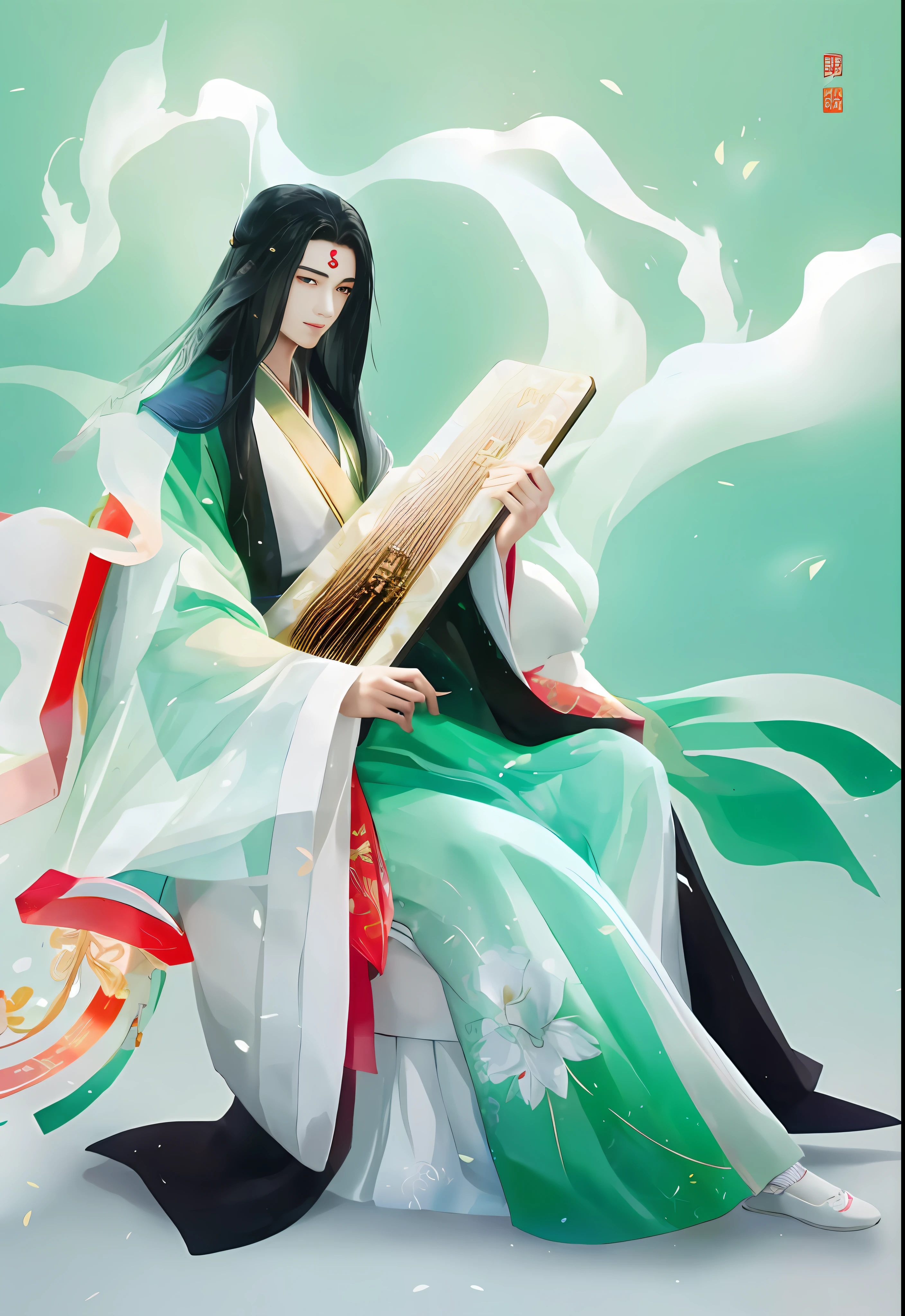Handsome Chinese teenager，年轻，Immortal，There is a small red auspicious marker on the forehead，ssmile，highly accurate，Facial features，