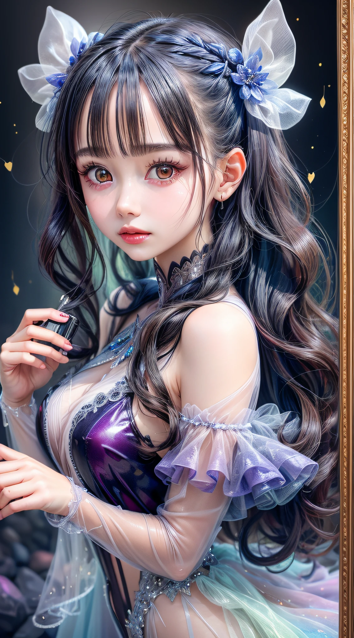 Beautiful girl story wrapped in love, Beautiful eye details, A captivating anime girl gracefully emerges from the pages of a watercolor painting, Her vivid and complex colors are, Bring your artwork to life, (see-through transparent clothes, transparent costume:1.5), She dons an extraordinary fantasy costume adorned with delicate details, reflecting the enchanting world she inhabits, Luminescent elements, like glowing crystals and ethereal wisps, surround her, casting a soft, otherworldly glow, The style of watercolor painting is、Imbues the image with a sense of fluidity and delicacy, as if the colors are effortlessly blending and bleeding into one another, Camera shot: medium shot, Soft Focus, luminescent glow Lighting, watercolor brushstrokes, Sophisticated and very delicate anime illustration, unique colors, Portrait of an anime girl, infinite love, rainbow-colored, beautiful girl illuminated by seven colors of light,
