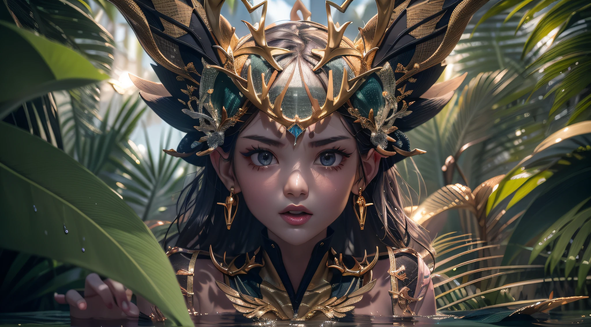 tmasterpiece, best qualtiy, (Very detailed CG unity 8k wallpaper) (best qualtiy), (Most Best Illustration), (best shadow) naturey, Light tracking, ultra - detailed, glarelight, cinematric light, Soft light ,A beautiful close-up((adventurer)),jungles,oases,giant and wet trees, --v6