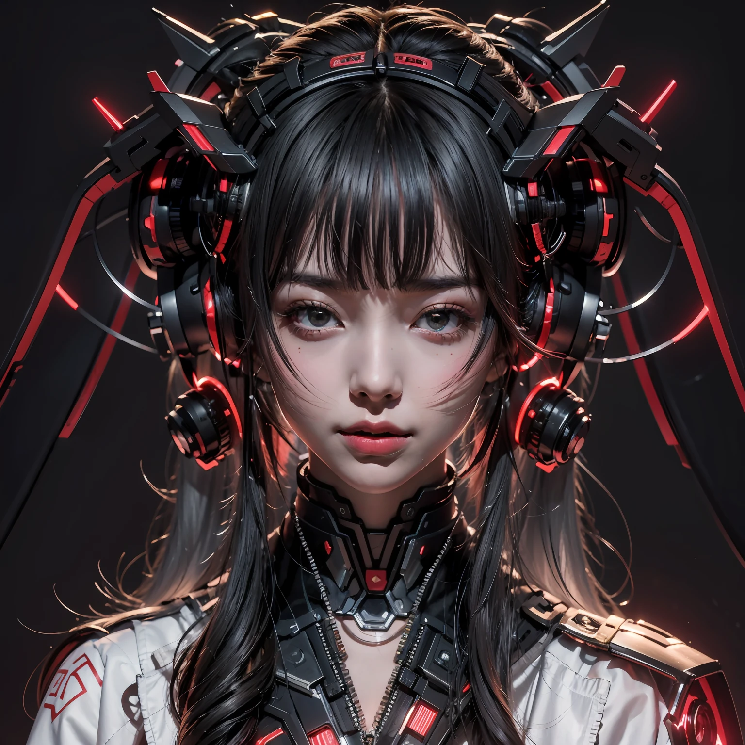1 rapariga, Chinese_clothes, Metallic black titanium and deep red, Cyberhanfu, on cheongsam, Cyberpunk-city, Details illuminated headphones, luminous hair ornaments, long whitr hair, Luminous earrings,Glowing necklace,a high-tech city, full of machinery and futuristic element, luminous neon lights,red colour,Red light,Black cape,Laser light,Best quality at best,tmasterpiece,8K,Character edge light,hyper-high detail,high qulity,The most beautiful woman in man,ssmile,The face is symmetrical to the left and right facing the front,Ear corner decoration,The long antenna emits light,Ultra-detailed facial texture,cheerfulness,Weapons systems,mechs,Head-mounted light-emitting antenna,Deep eyes