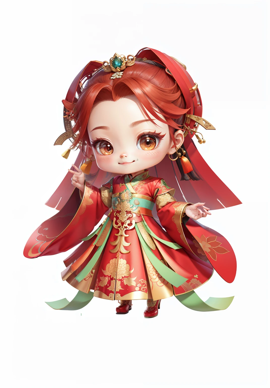 China-style，Chinesedress，The mouth smiles，Chinese shoes，ssmile，8K，best qualtiy，tmasterpiece，ultra - detailed，best qualtiy，超高分辨率，profesional lighting，photon maping，Radio City，physically-based renderingt，cinmatic lighting，Fine painting，filigree，Refinement，infinite details，Metal details，metalictexture，Three-dimensional metal pattern，Chinese three-dimensional metal texture