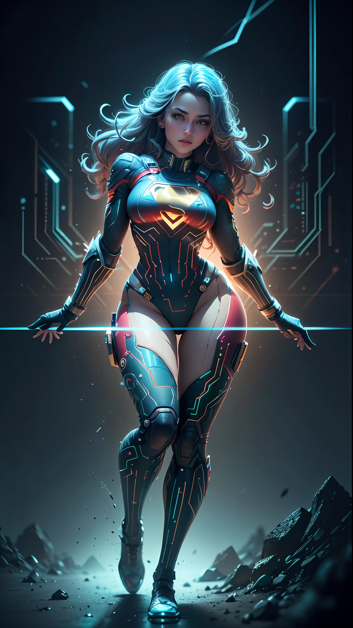 ((Melhor qualidade)), ((obra-prima)), (detalhado: 1.4), 3D, uma imagem de uma linda mulher supergirl cyberpunk,HDR usando letra S do superman no peito (High Dynamic Range),Ray Tracing,NVIDIA RTX,Super-Resolution,Unreal 5,Subsurface dispersão, Textura PBR, Post-processing, anisotropic filtering, Profundidade de campo, Maximum clarity and sharpness, Texturas multicamadas, Albedo e mapas especulares, surface shading, Accurate simulation of light-material interaction, perfectly proportions, Octane Render, Two-tone lighting,Abertura ampla,ISO baixo,White balance,thirds rule,8K RAW,CircuitBoardAI,