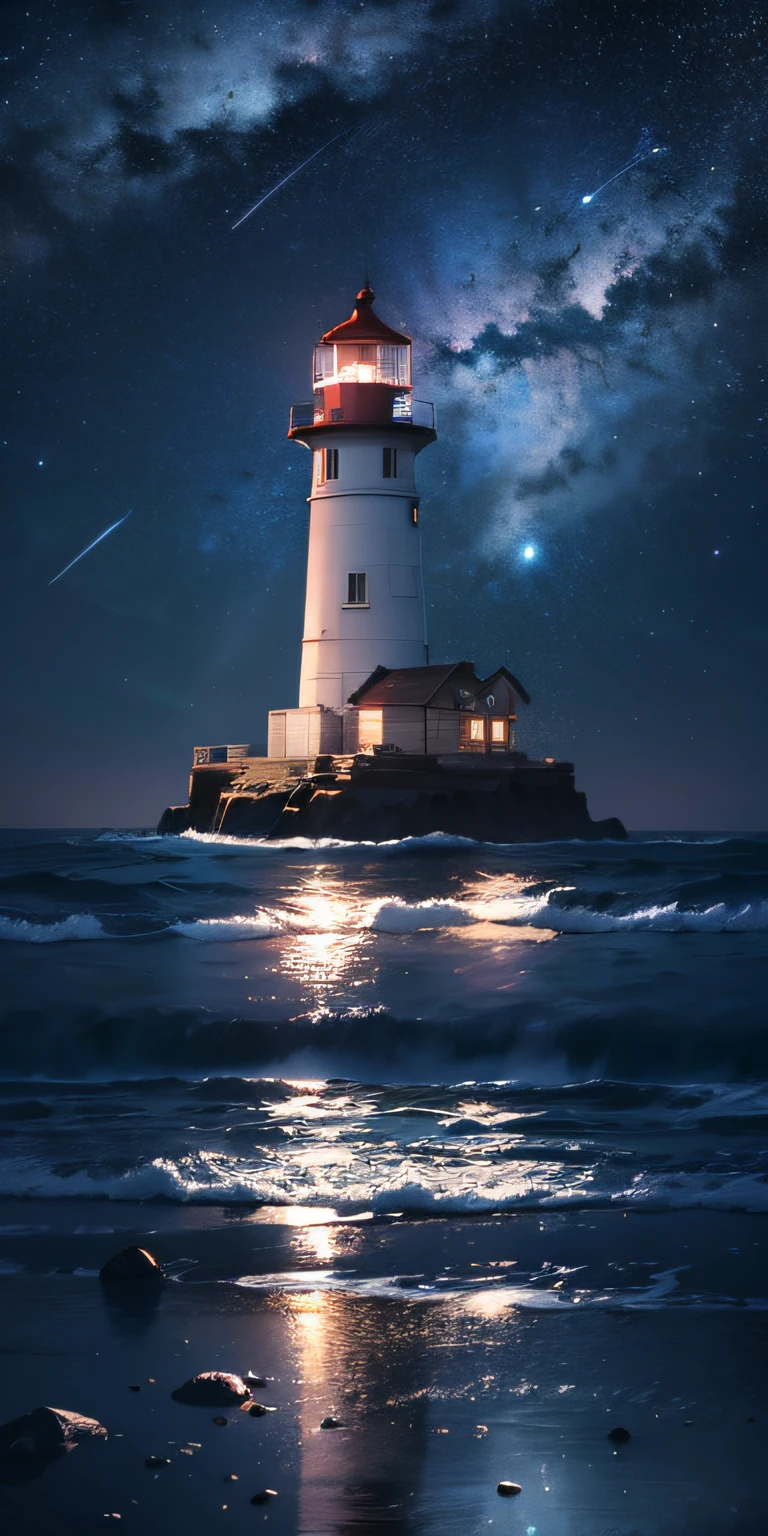 ocean, 1 lighthouse, star (sky), reflection, night sky, ((best quality))