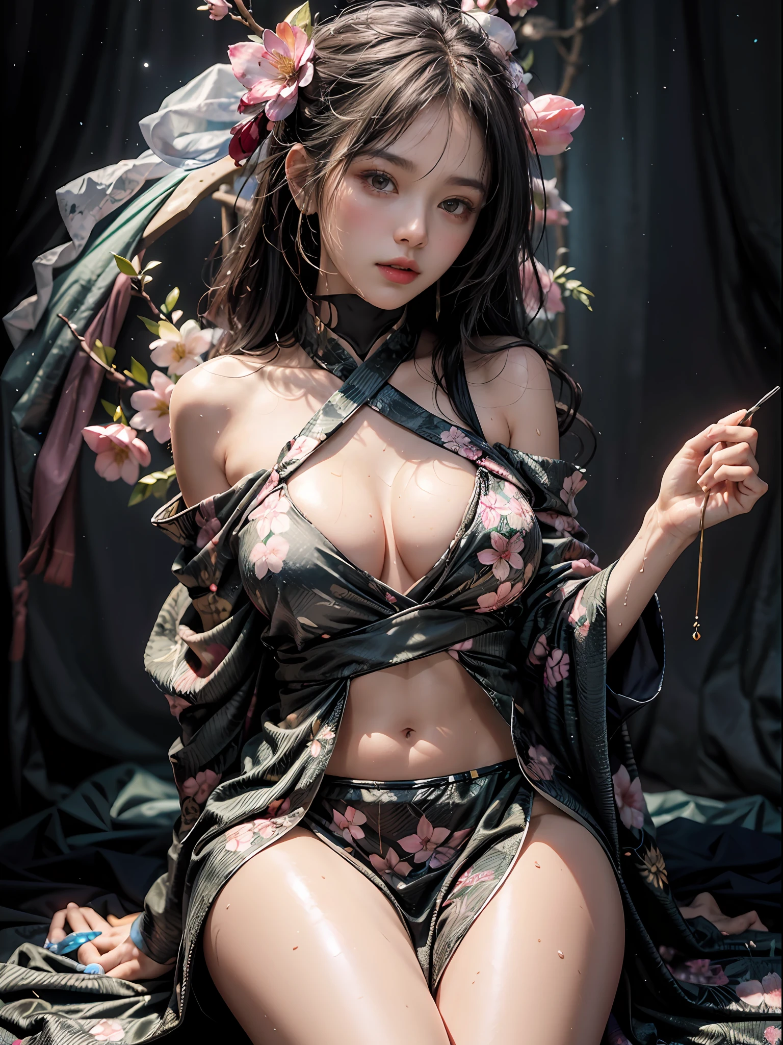 Loose dark color、Black attire、Show shoulders、How to wear a broken see-through kimono、Decorated with intricate patterns and bright colors、Transparent material、Artistic depiction of seductive woman in kimono with wet thin cloth and transparent skin, Floral and fantastic pattern with flowing silky traditional see-through skin。Her dress draped elegantly around her curvaceous figure、Emphasizes her charming silhouette。She is sitting on a chair in a sexy pose at night when gentle fireworks go up、bathed in the soft glow of moonlight。The scene is、With a hint of mystery and sensuality、It exudes an ethereal dreamy atmosphere。The image style is、It incorporates a blend of watercolor and digital illustration techniques.、It makes you feel delicate beauty and charm。Soft moonlit lighting、Cast gentle highlights and shadows on her mesmerizing features。Get down on both knees、Put your hands on the floor、The hand is somewhere、see -through、show through、A sexy、Wet hair、Wet、cherry trees、flower petals、cherryblossom、The cherry tree、Sakura blizzard、buried、Transparent skin、Wet clothes、A lot of big phalaenopsis in hair、Lots of floral ornaments、Lots of flowers in the background、Navel Ejection、milkyway、stele、nigh sky、scenic、Superb view、