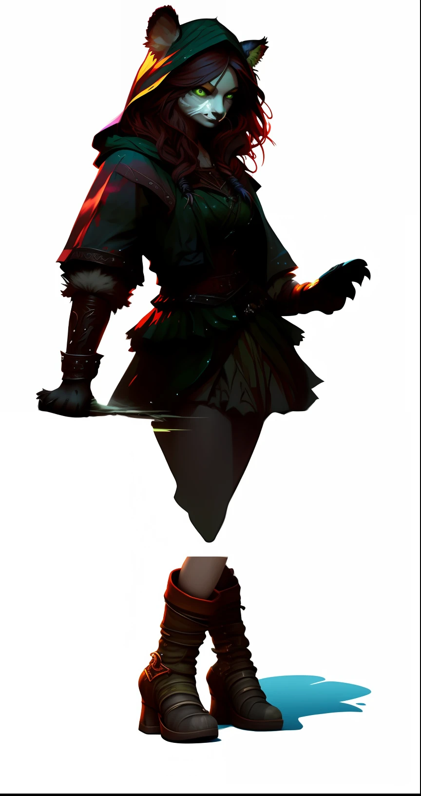 Alafed image of woman in green costume holding knife, Cyberpunk angry gorgeous druid, super detailed fantasy characters, thief red riding hood, Painted in Zublush, Alexandra Fomina Artstation, colored zbrush render, detailed character art, Character Rendering, render of mirabel madrigal, Made with ZBrush, Attractive Tiefling Druids, Fur boots