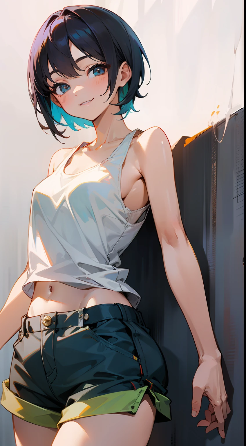 1Man Woman、a cool、short-hair、a cool、Rin々Right、masterpiece、top-quality、Top image quality、Tank top medium meat medium back、A lively smile、Bright smile、positive、powerfull、Straight eyes、short pants、Healthy、((not sexy))