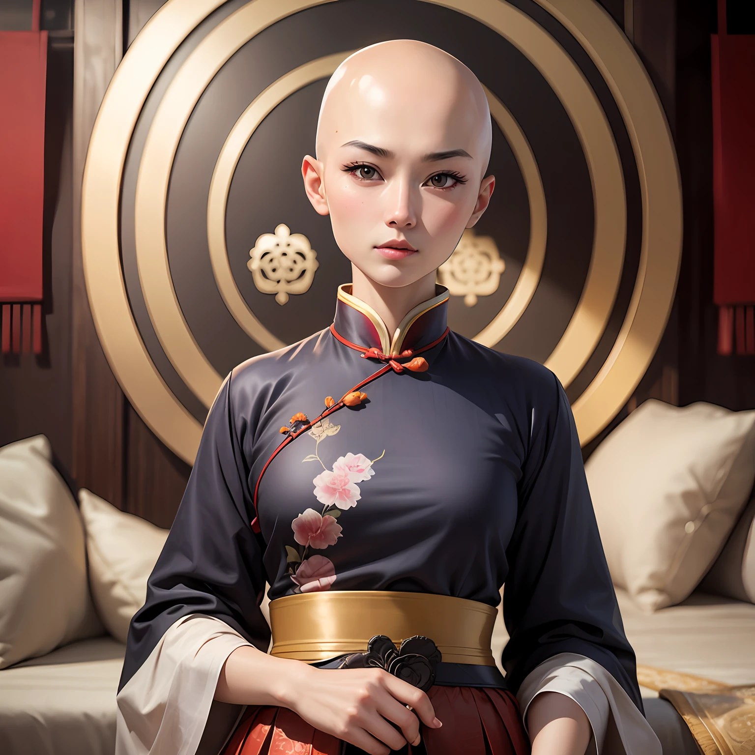 Best quality, super high resolution, (realistic: 1.4), 1 person, bald, delicate eyes, upper body, peaceful, serious, kind, traditional Chinese clothing --auto