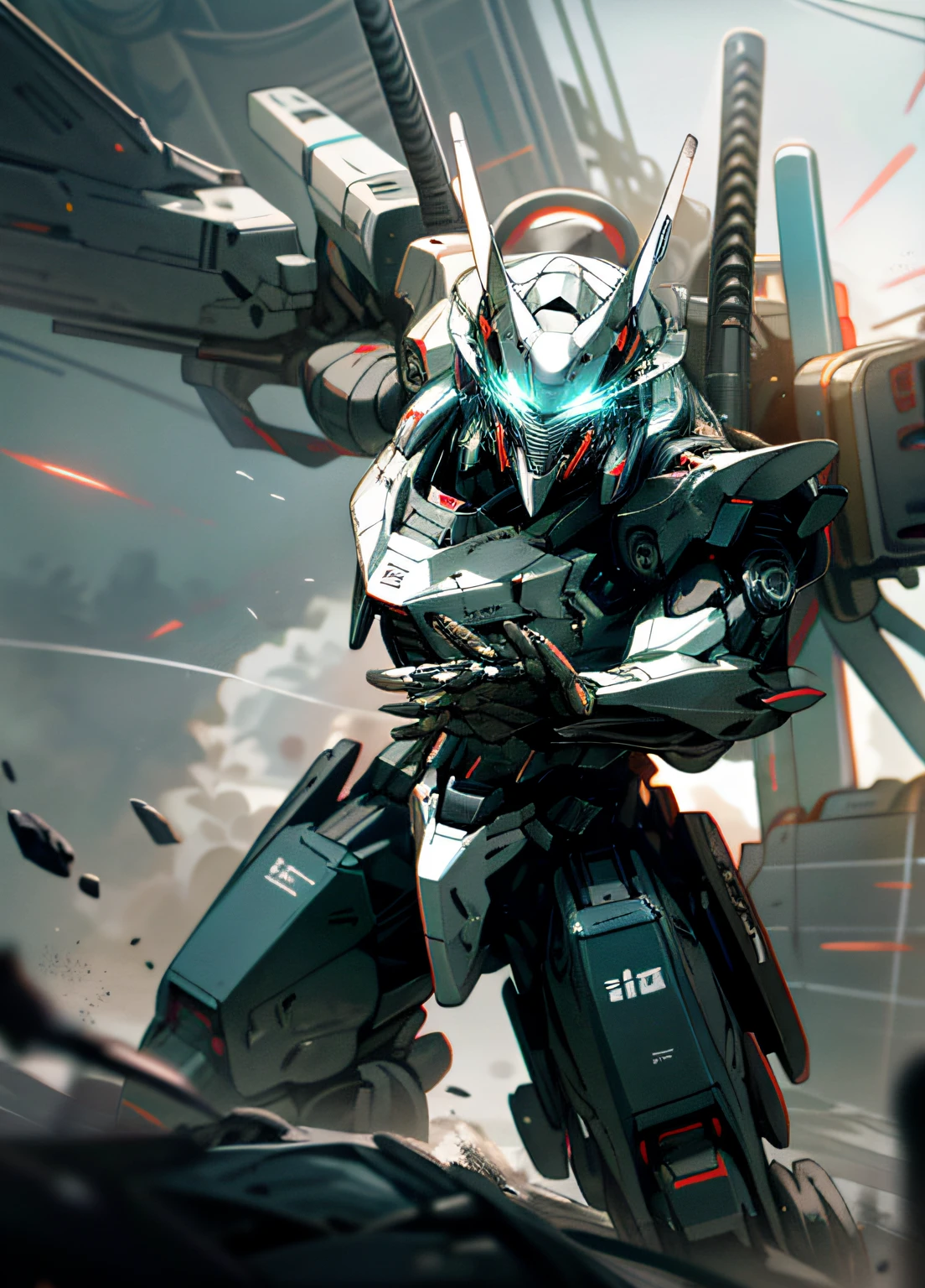 the ocean,storming,holding_weapon,no_humans,with light glowing,,droid,buliding,glowing_eyes,mecha,scientific fiction,城市,Realistis,mecha,red