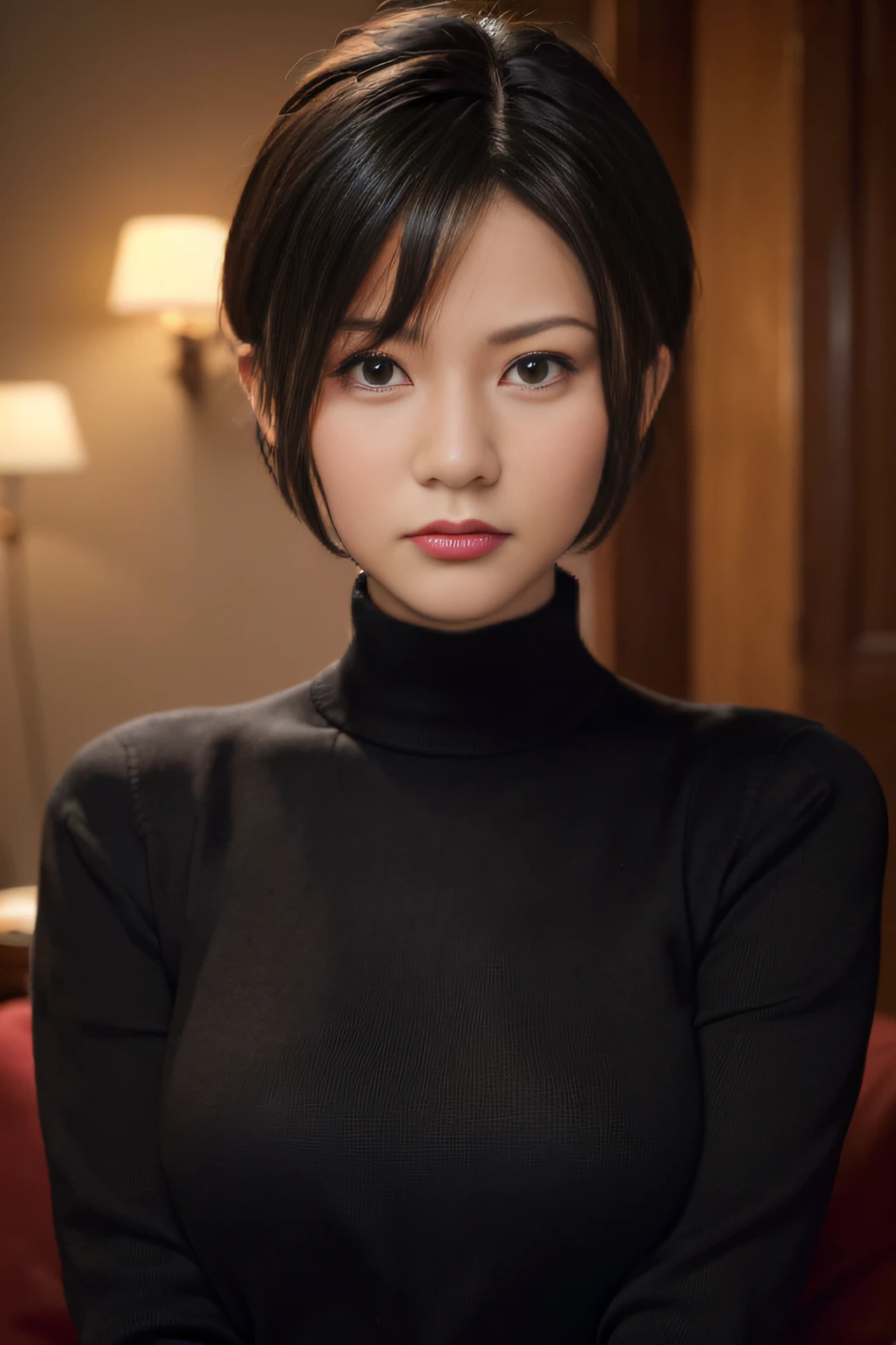 (masterpiece:1.3), (8k, photorealistic, RAW photo, best quality: 1.4), (1girl), beautiful face, (realistic face), (black hair, short hair:1.3), beautiful hairstyle, realistic eyes, beautiful detailed eyes, (realistic skin), beautiful skin, (sweater), absurdres, attractive, ultra high res, ultra realistic, highly detailed, golden ratio