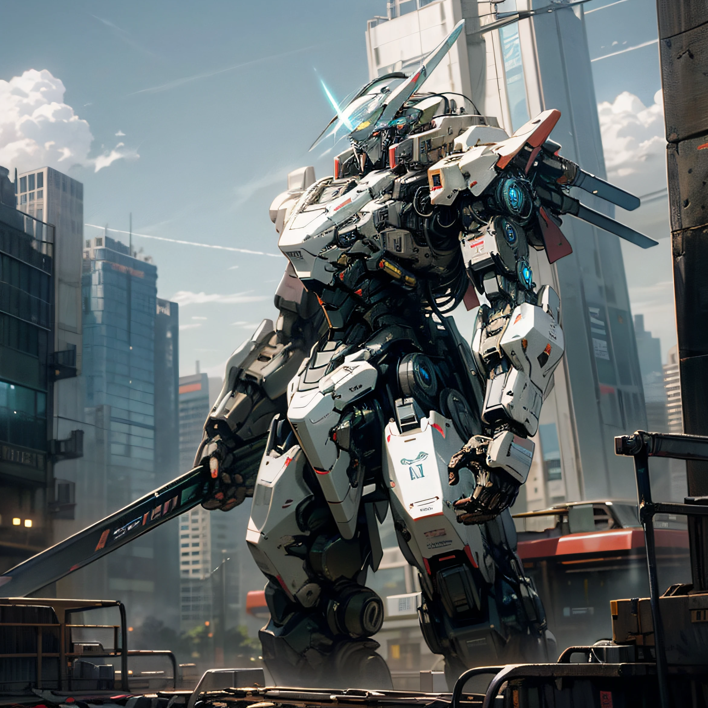 sky, cloud, holding_weapon, no_humans, glowing, , robot, building, glowing_eyes, mecha, science_fiction, city, realistic,mecha --auto