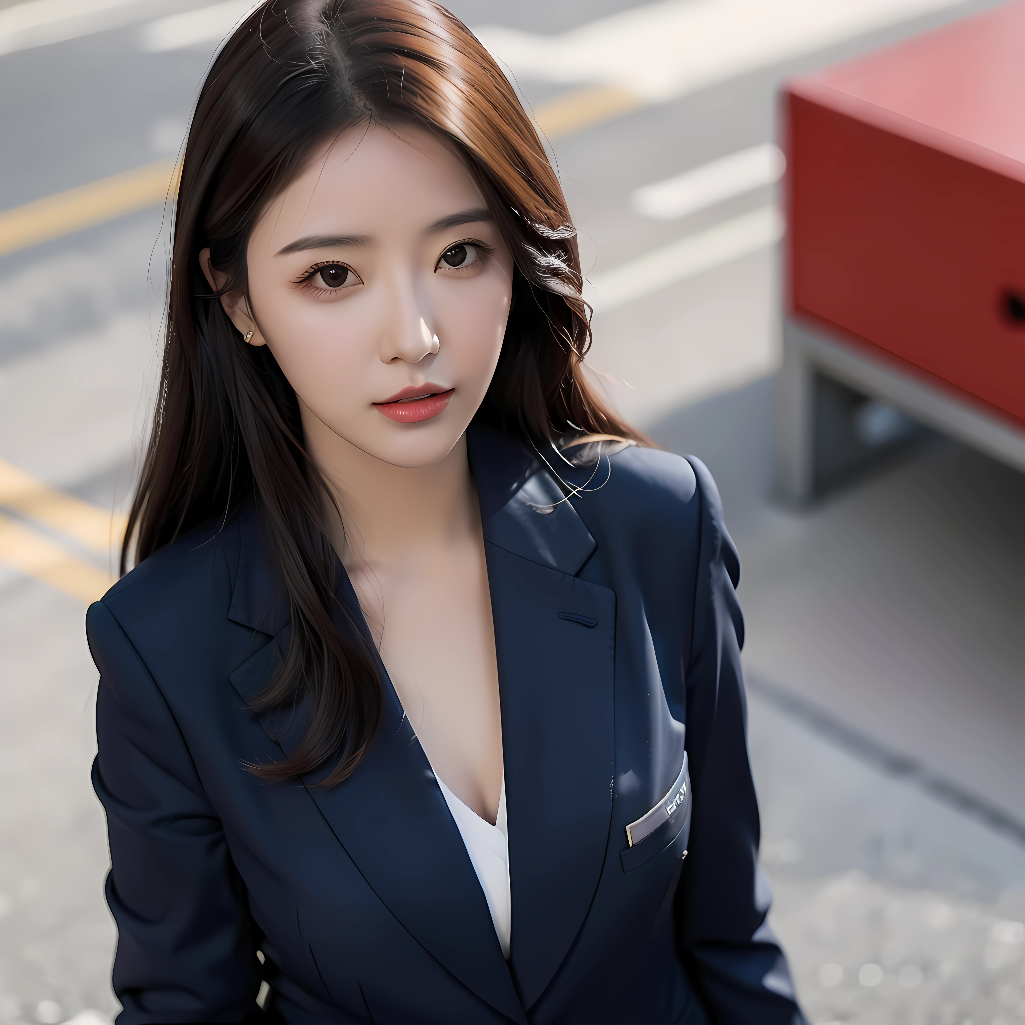1girl,solo, parted lips, office lady, business suit ,
street,city, looking at viewer, realistic,