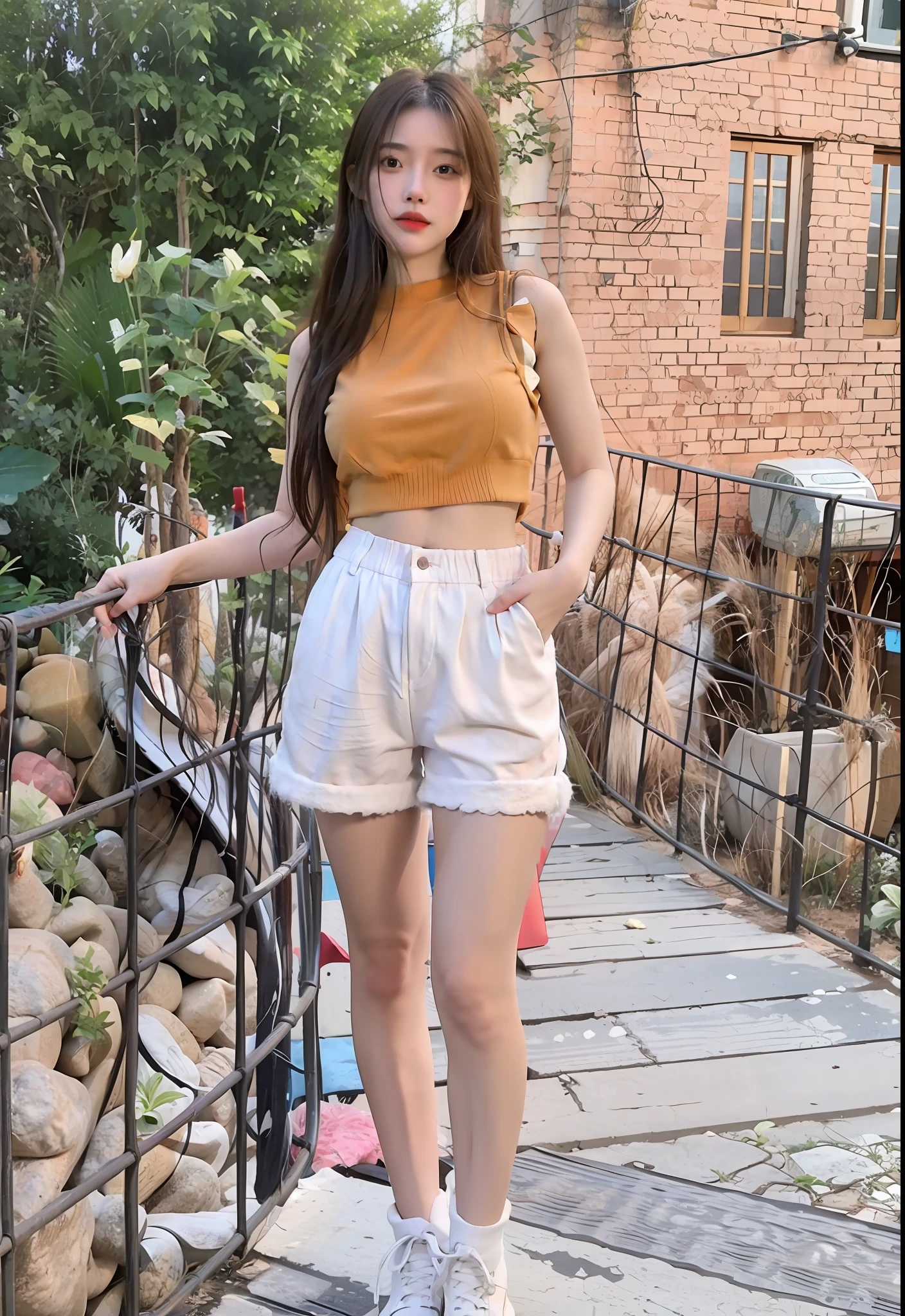 Mulher arrogante em um top cropped e shorts brancos posando para uma foto, vestido com um top e shorts, white shorts and hiking boots, de bermuda, vestindo regata e bermuda, casual summer clothes, croptop e shorts, white fluffy cotton shorts, pele bronzeada uma camiseta e shorts, baixa estatura, bra and shorts streetwear