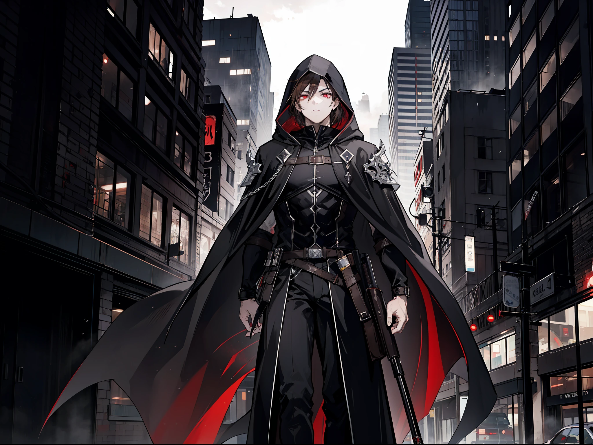 "Epic night city atmosphere, stunning 4k artwork featuring a badass man with brown hair. Deep red eyes. He was wearing black hero cloak with hood in the city"