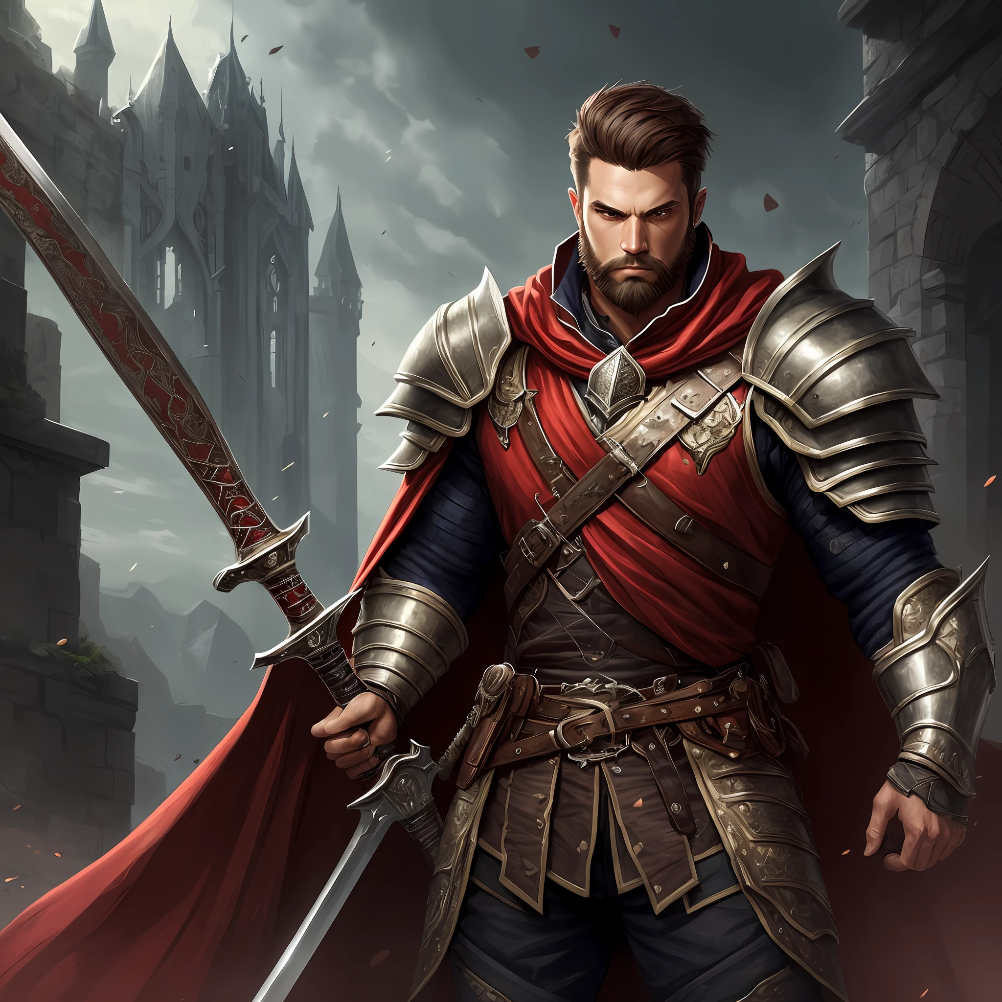 man with short beard, epic rpg portrait, fantasy male portrait, rpg portrait concept art, male warrior, fantasy concept art portrait, epic portrait illustration, detailed character portrait, one human warrior, big black armor with details red, full armor, blue eyes, short hair, brown hair, dungeons and dragons character, detailed hands, cape, holding a sword, sword, High Detail --auto