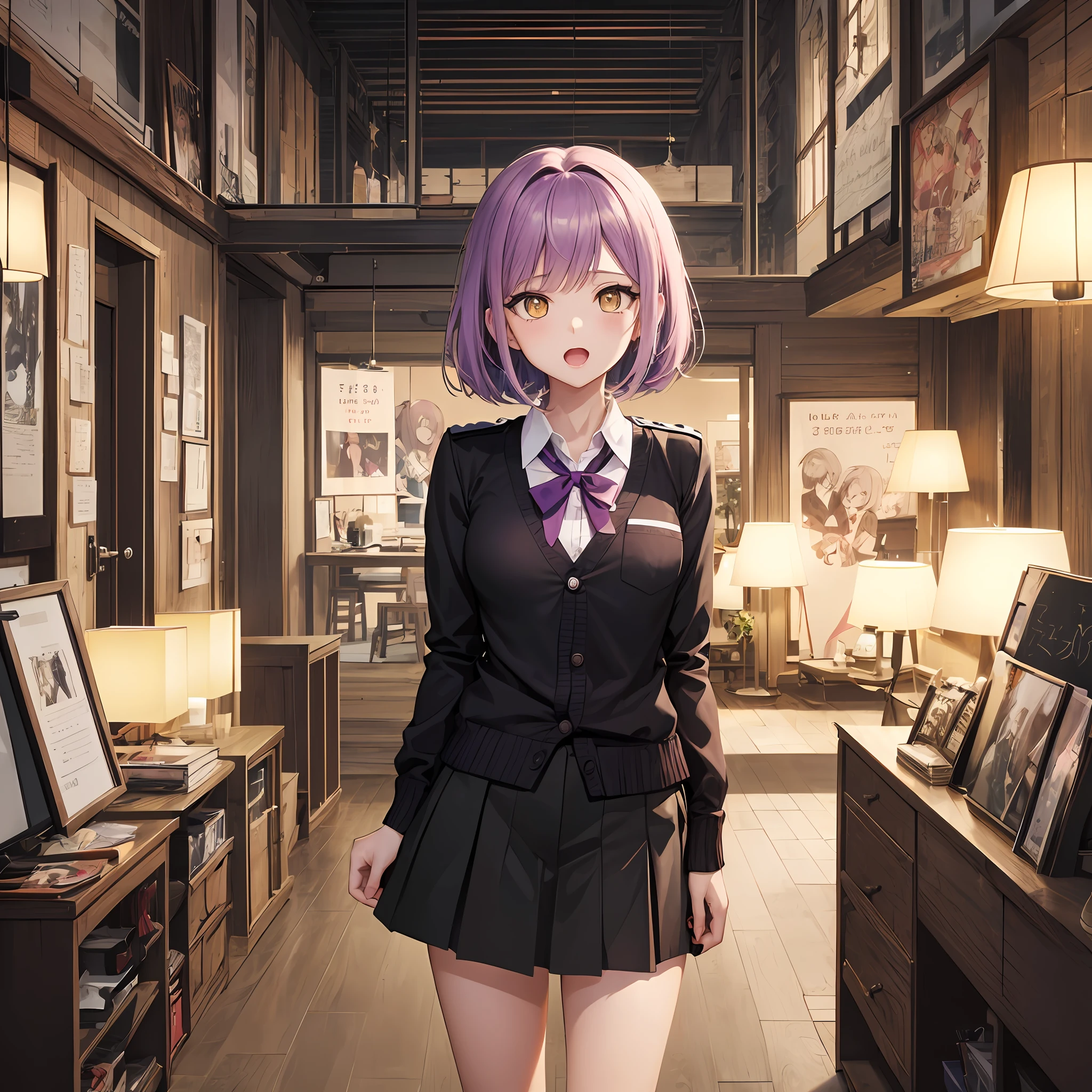 ((​masterpiece:1.4、top-quality))++、(ultra-detailliert)+、(top-quality、ultra-detailliert、dynamic ungle、highly contrast:1.2)、(short_skirt:1.3)、high_heels、Female one、Bare back、(In a dimly lit room)、 Fashionable, the pose, the front, Background with, Has  appeal, Opening Mouth, statement, accessorized, obedient, surroundings, Bob Hair,The scene,covers,captures the attention,Stylish, font, It's catchy, Impressive, focus, lo fashion,Anime girl with purple hair and yellow eyes in uniform, cardigan,anime moe art style, Yayoi Kasuma, [[[[grinning evily]]]], sayori, Stylized anime, anime stylized, In an anime style, anime style character, wataru kajika, chiaki nanami from danganronpa --auto