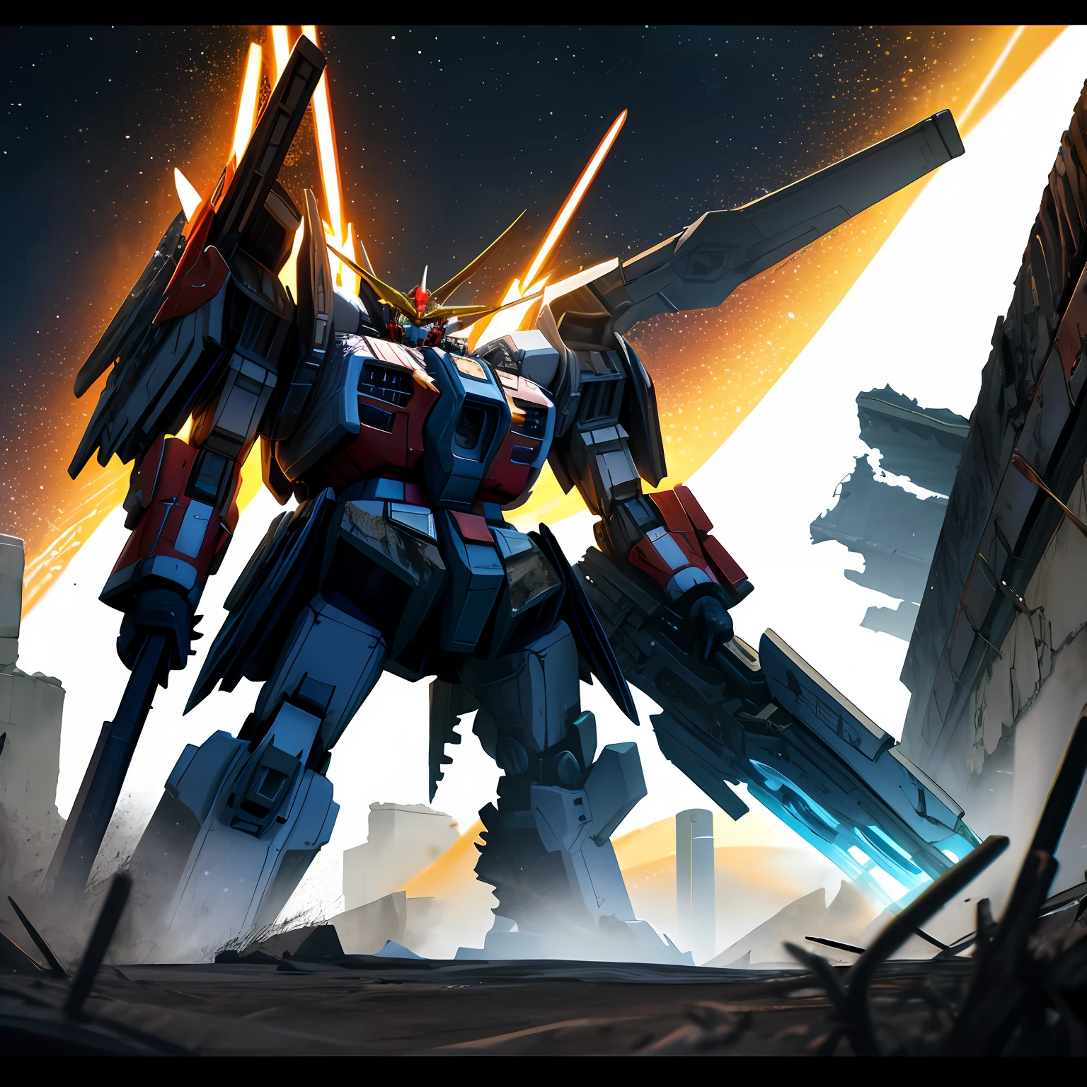 dream magical，火焰，Mecha warrior，ruin background，Vista spacecraft，Dark universe，starlights