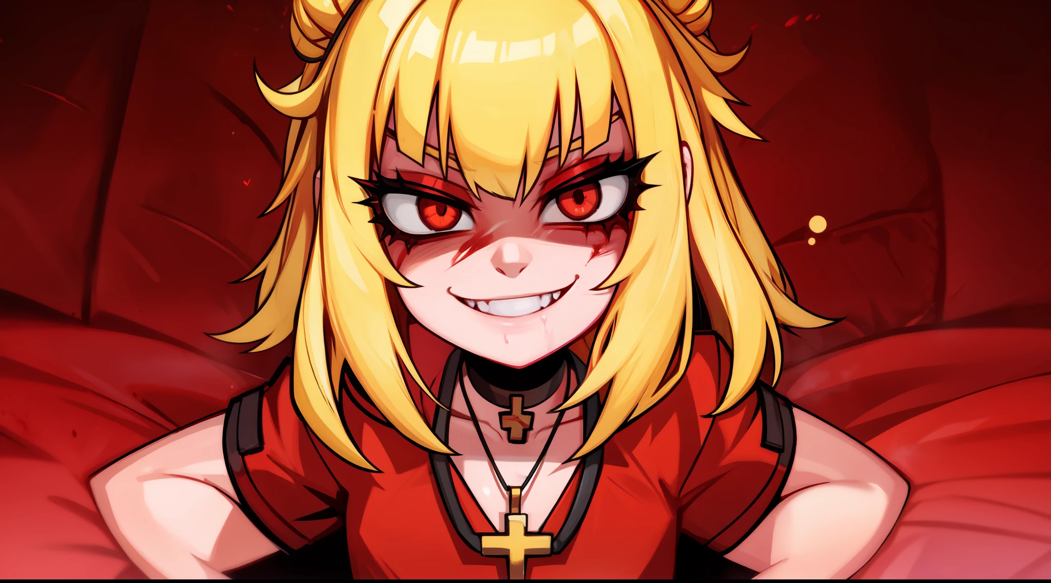 blonde child girl and red shirt, with bloodied face and hands, wearing a cross necklace around her neck, solo, malicious smile, psycho face