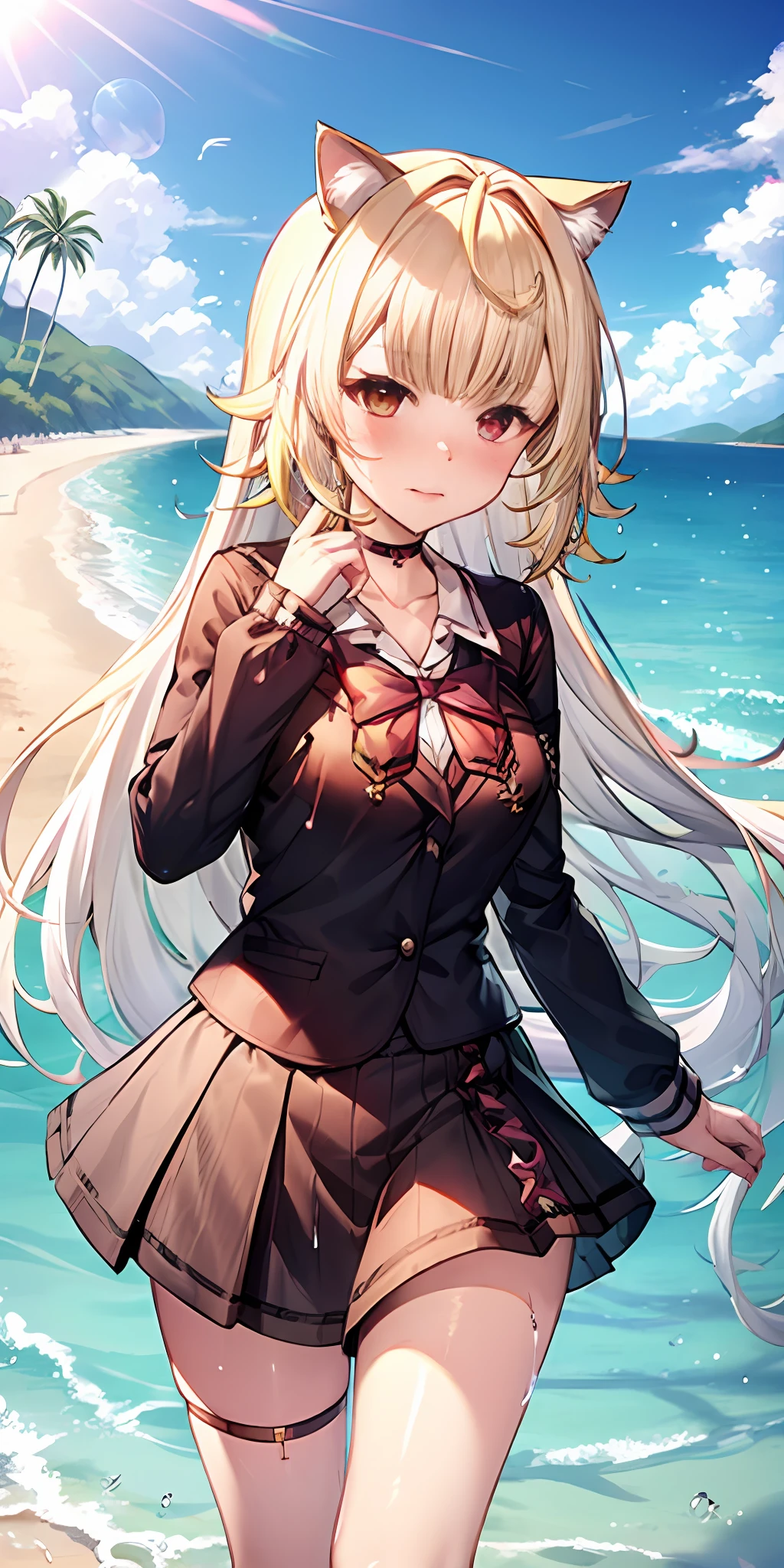 Anime girl with white hair and cat ears, red eyes, shy blush, wet school uniform, transparent cloth, water, seaside, beach, sunny