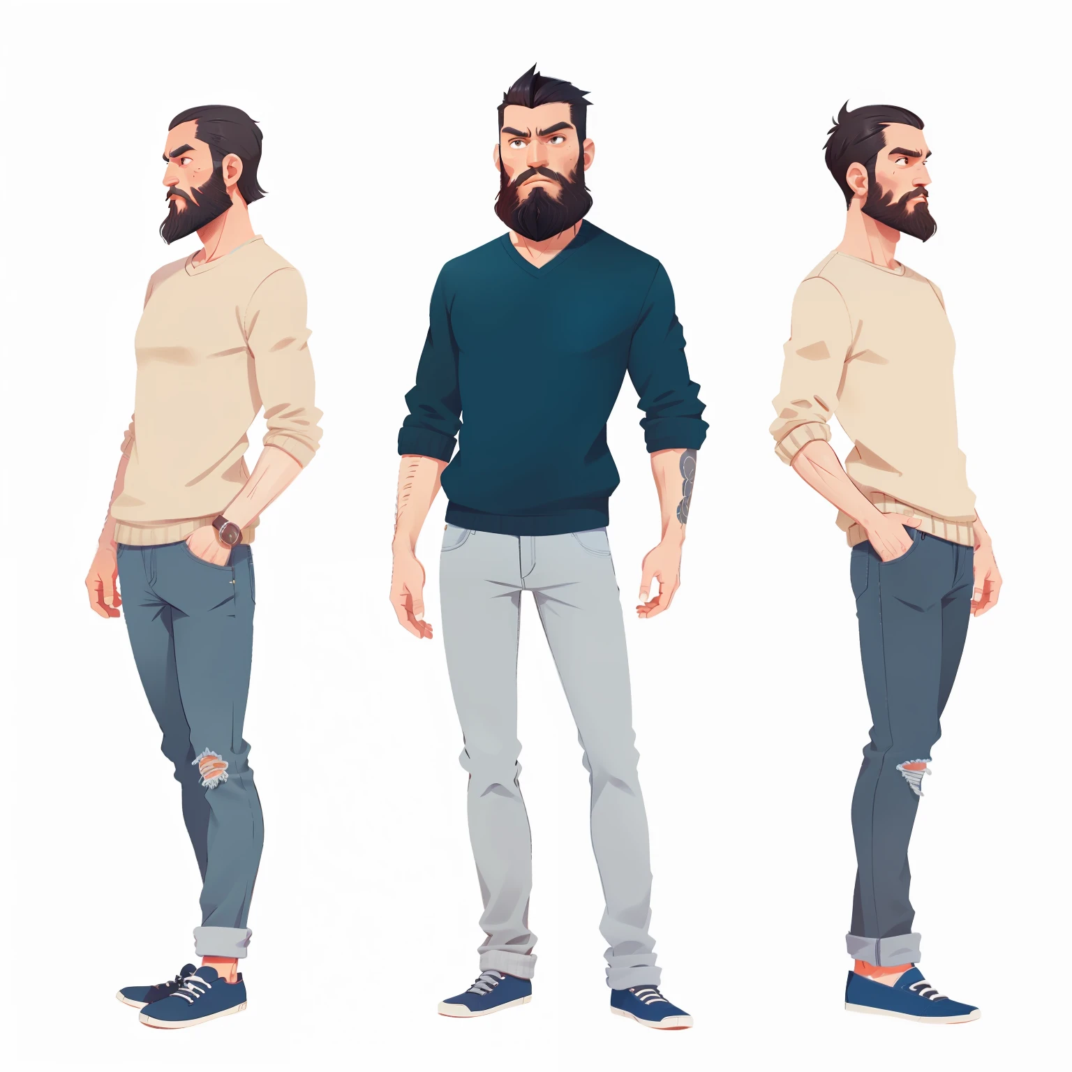1man, standing pose, black beard, black hair, Side view, side character view, character rotate side, short hair character, full body illustration, neutral expression, navy sweater, gray jeans,