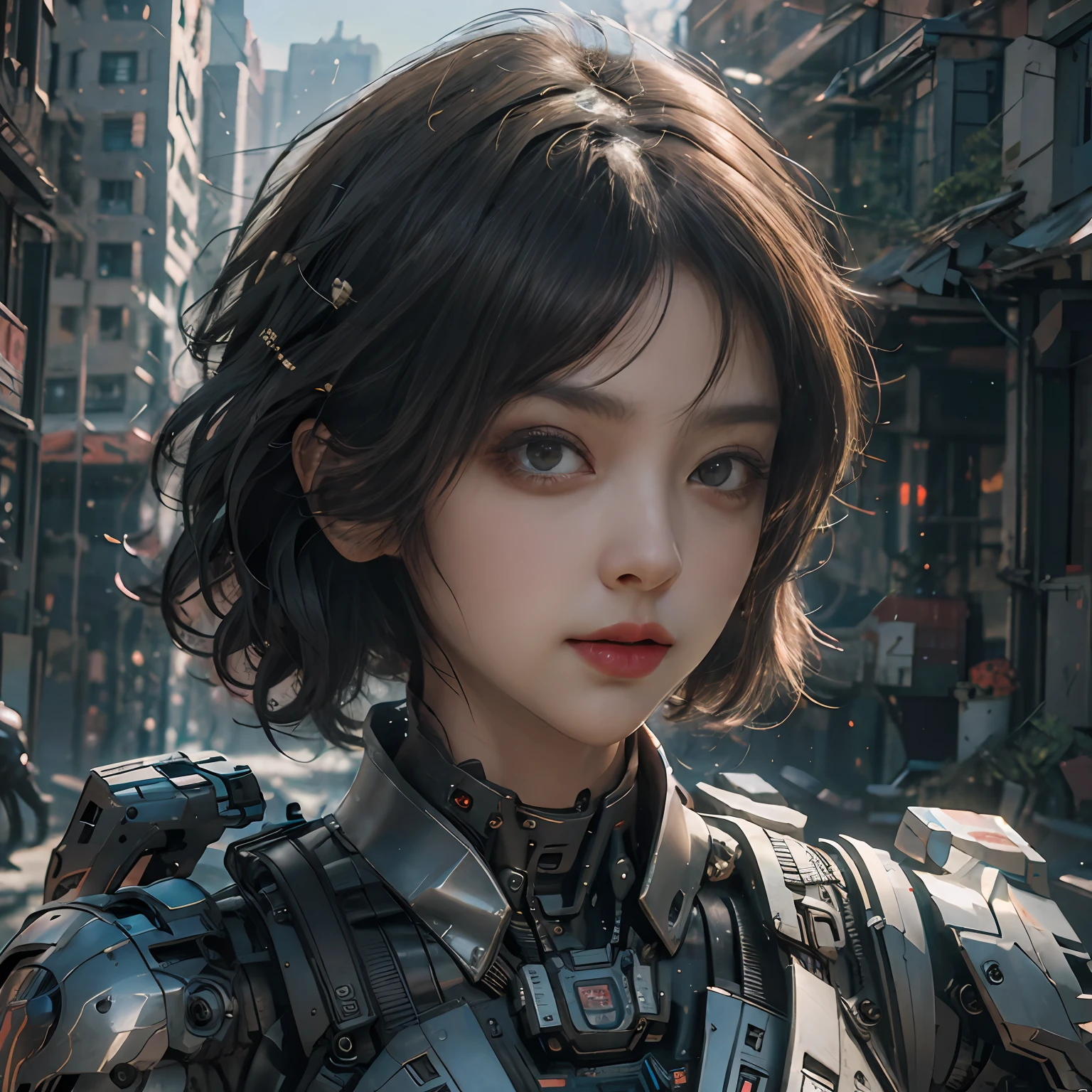 ((Best Quality)), ((Masterpiece)), (Very Detailed:1.3), 3D, Shitu-mecha, Beautiful cyberpunk woman with her pink mech in the ruins of a city in the forgotten war, Ancient technology, HDR (High Dynamic Range), ray tracing, NVIDIA RTX, super resolution, unreal 5, subsurface scattering, PBR texture, post-processing, anisotropic filtering, depth of field, maximum sharpness and sharpness, multi-layer texture, albedo and highlight maps, surface shading, Accurate simulation of light-material interactions, perfect proportions, octane rendering, duotone lighting, low ISO, white balance, rule of thirds, wide aperture, 8K RAW, high efficiency sub-pixels, subpixel convolution, luminous particles, light scattering, tyndall effect (whole body), (delicate facial features), (perfect face), dynamic angles.