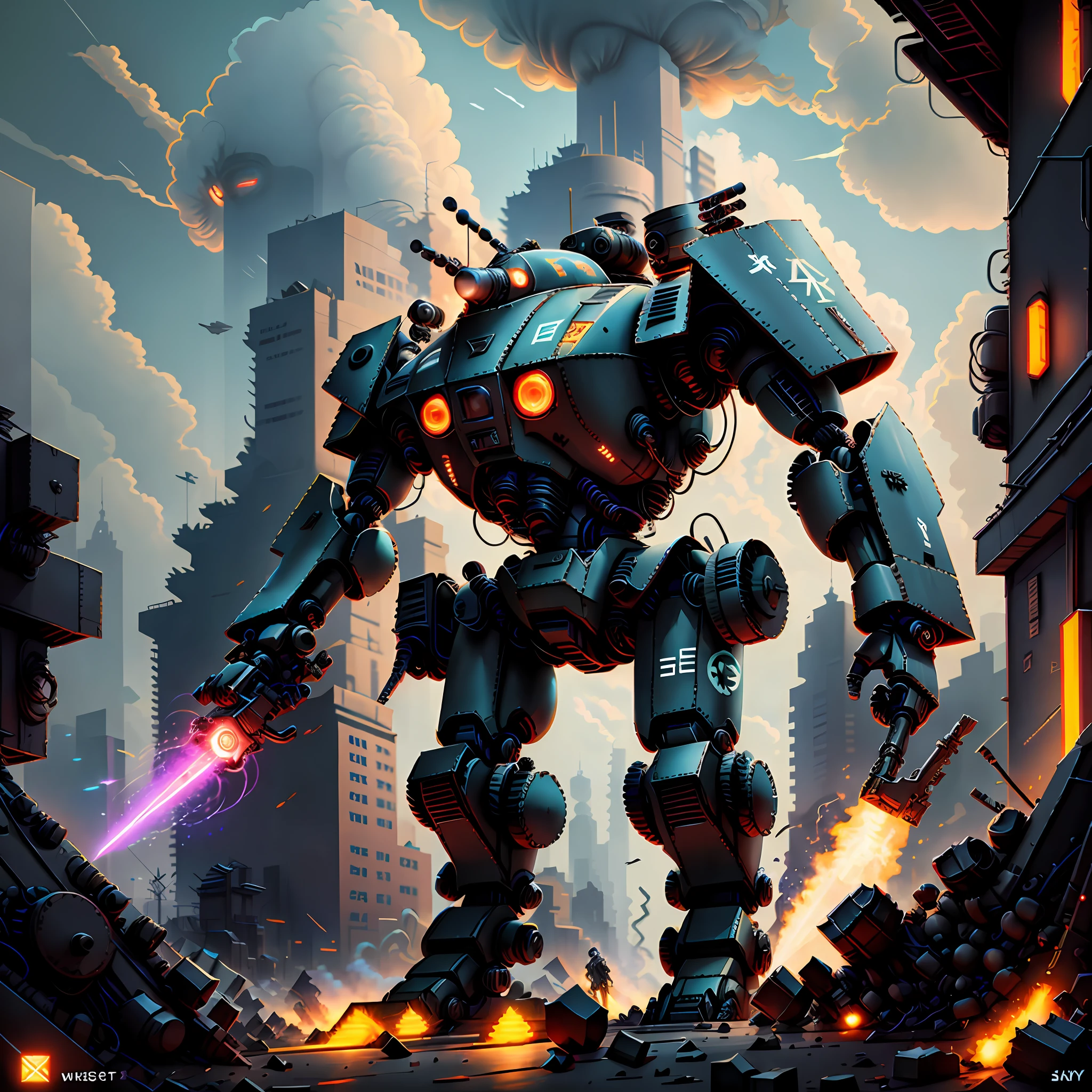 sky, cloud, holding_weapon, no_humans, glowing, , robot, building, glowing_eyes, mecha, science_fiction, city, realistic,mecha
