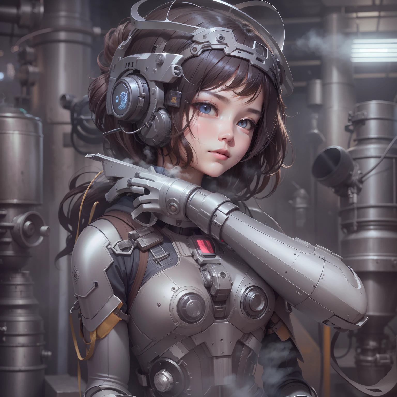 Extremely detailed and best quality ultra-high resolution image of a person in a posture with steam rising from the body of a machine and、With shining eyes、Please generate an illustration of the posture with your arms crossed。