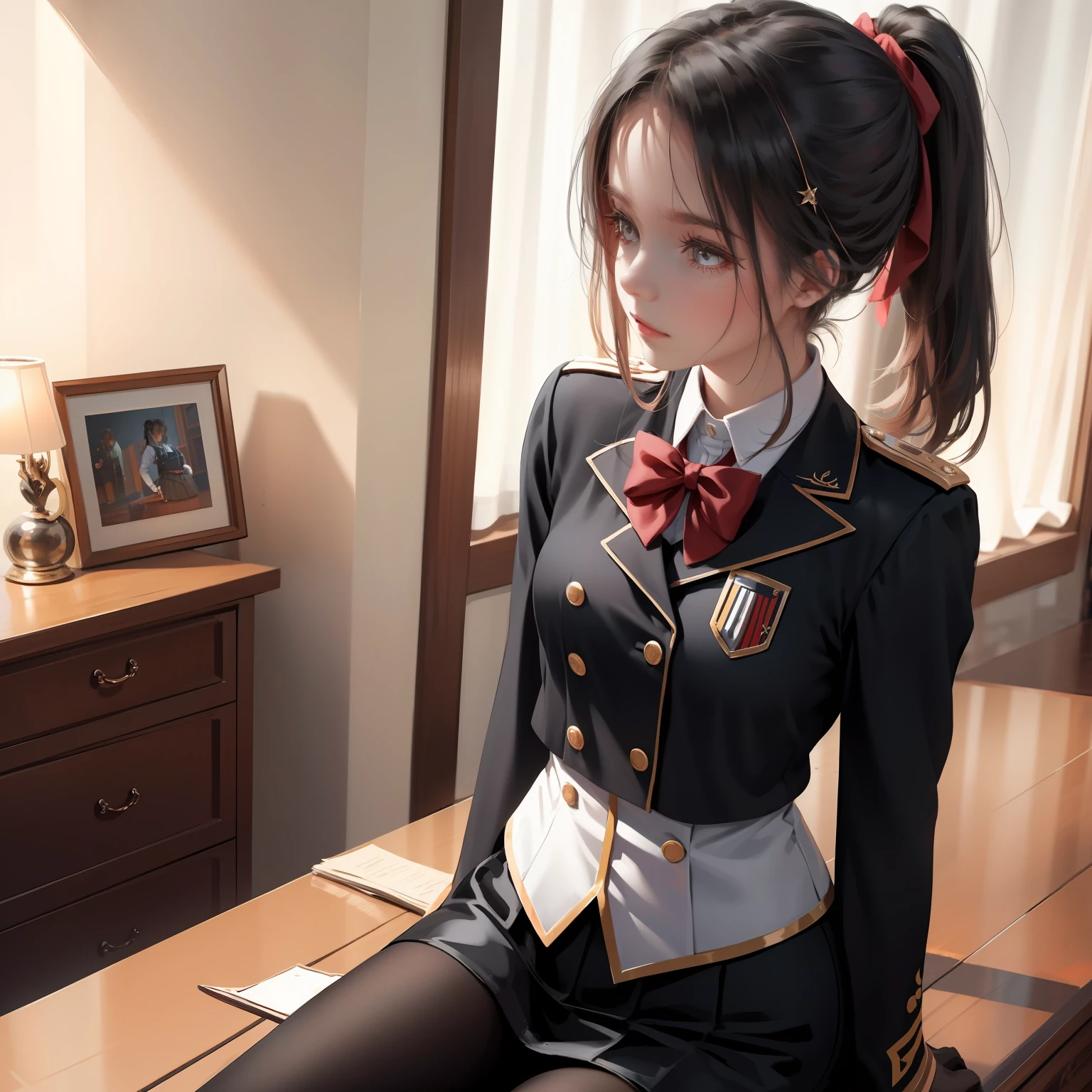 Cute little 11 old Girl Black Schoon Uniform mit einem Rock, with a cute ponytail, rote Wangen, rote augen --auto