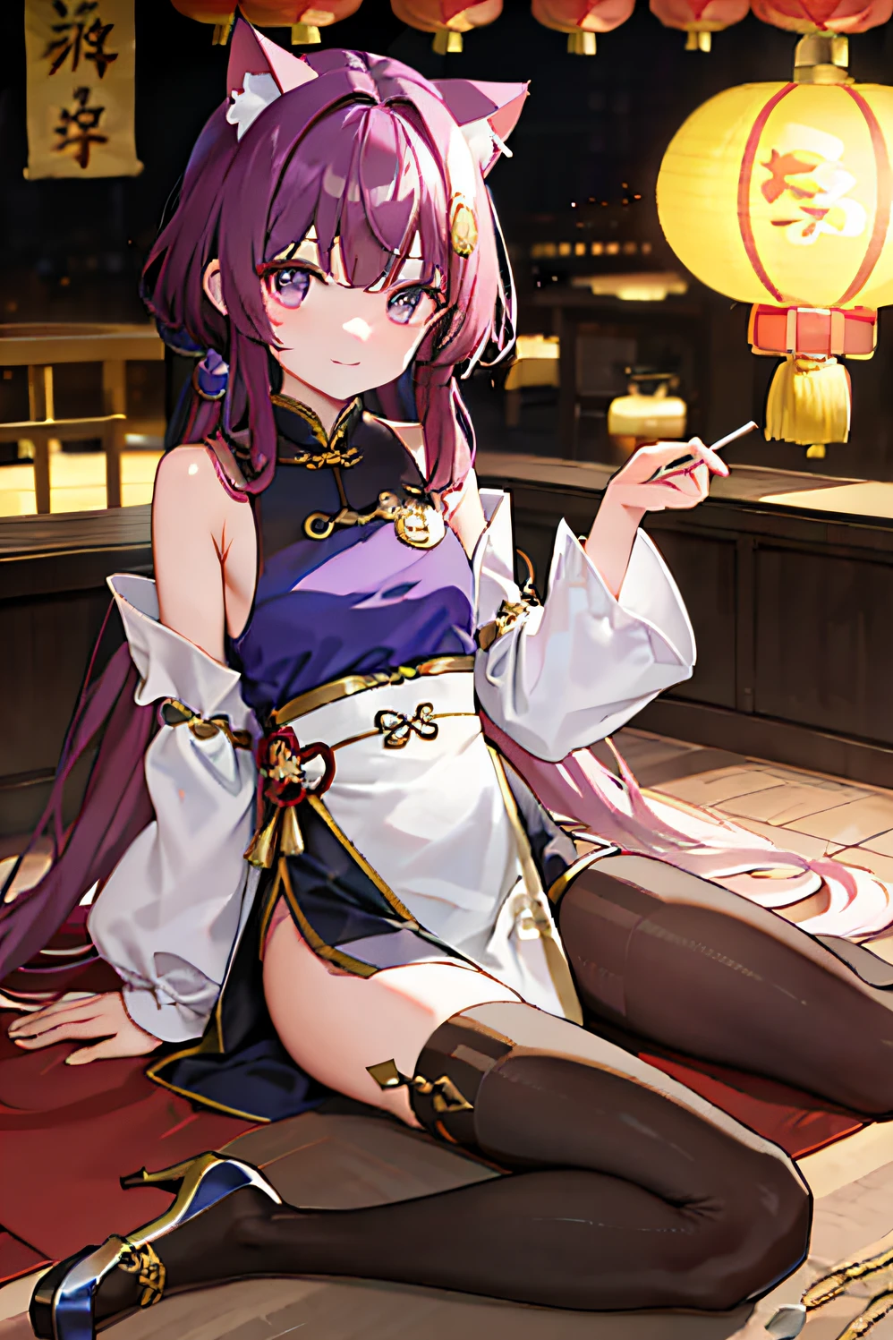 16K,HD,Long purple hair,Cat ears,Purple gemstone colored eyes,15year old,Thin stature,170mm height,The dark purple bandeau evening gown has gold stripes(Chinese dress),Black tights(The left thigh is decorated with gold grain),Bare shoulders,Small purple high heels,Yupei,Chinese,Lantern Festival background,A gentle breeze,In a busy city,Hold a cup of bubble tea,Very cute。