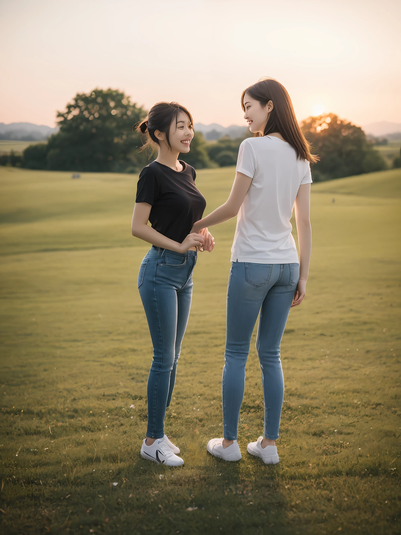 (超高分辨率,RAW photogr,realisticlying,tmasterpiece,best qualtiy:1.4),Complicated details,2 20 year old Korean girl,Wear a loose black T-shirt and skinny jeans,Stand on the grass and take pictures,hugs,Intimate relationships,Detailed meadow,A sweet smile on a small face,Ultra-realistic facial details,The face and skin are pink and white, and luminous,Playful and coquettish pose,The calves are straight and slender:1.2,Wear high-end brand sneakers:1.0,eventide:0.3,Broad lighting,naturalshadow:1.0,超高分辨率,taking a full body photo:1.8 --auto