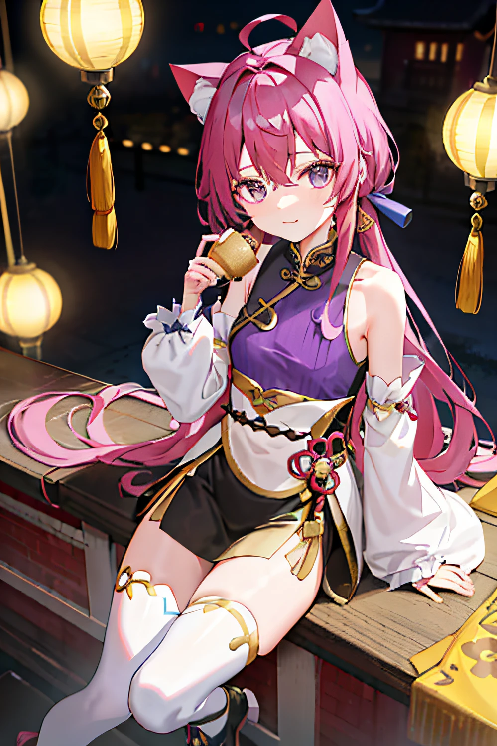 K，HD，Long purple hair，Cat ears，Purple gemstone colored eyes，15 old，Thin stature，170mm height，The dark purple bandeau evening gown has gold stripes（Chinese dress），Black tights（The left thigh is decorated with gold grain），Bare shoulders，Small purple high heels，Yupei，Chinese，Lantern Festival background，A gentle breeze，In a busy city，Hold a cup of bubble tea，Very cute。