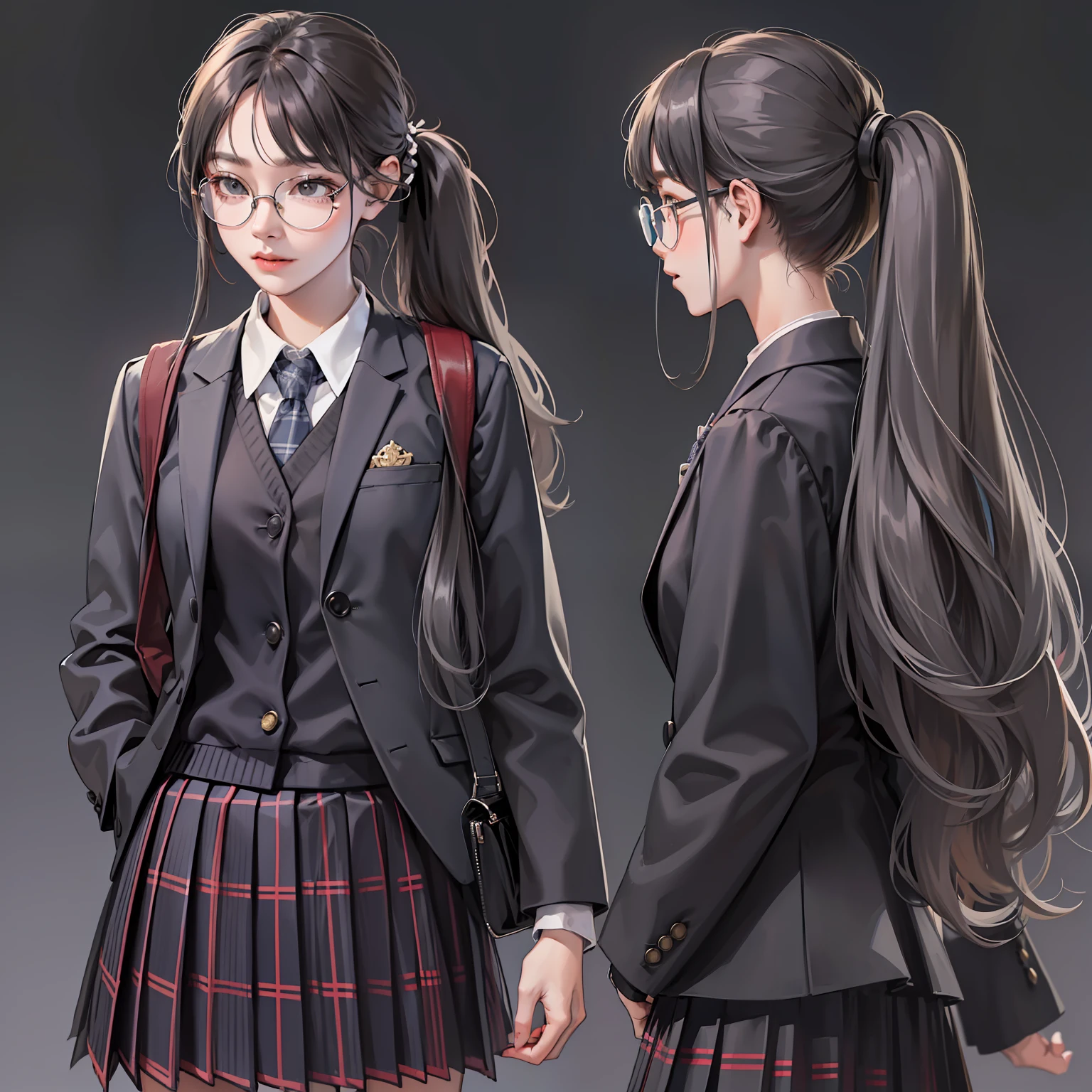 Korea，Outrageously long ponytail,Extremely detailed hair, Parted bangs, school uniform, Dark gray open jacket, Dark gray blazer, Pleated skirt, Plaid skirts, circle glasses, Reading a book, Shy and quiet girl, intricately details, Best quality, Upper body, Realistic,Need，tmasterpiece，16k
