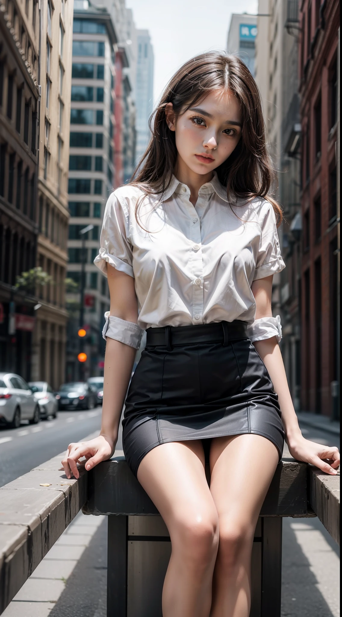 (8K,RAW photos,best qualtiy,tmasterpiece:1.2),Hyper-detailing,Formal art,photorealisti:1.37,Urban female white-collar workers,Slim and beautiful,Sit Pose,Cross ed leg,Fair skin,F17,low perspective,filmgrain,posing elegantly