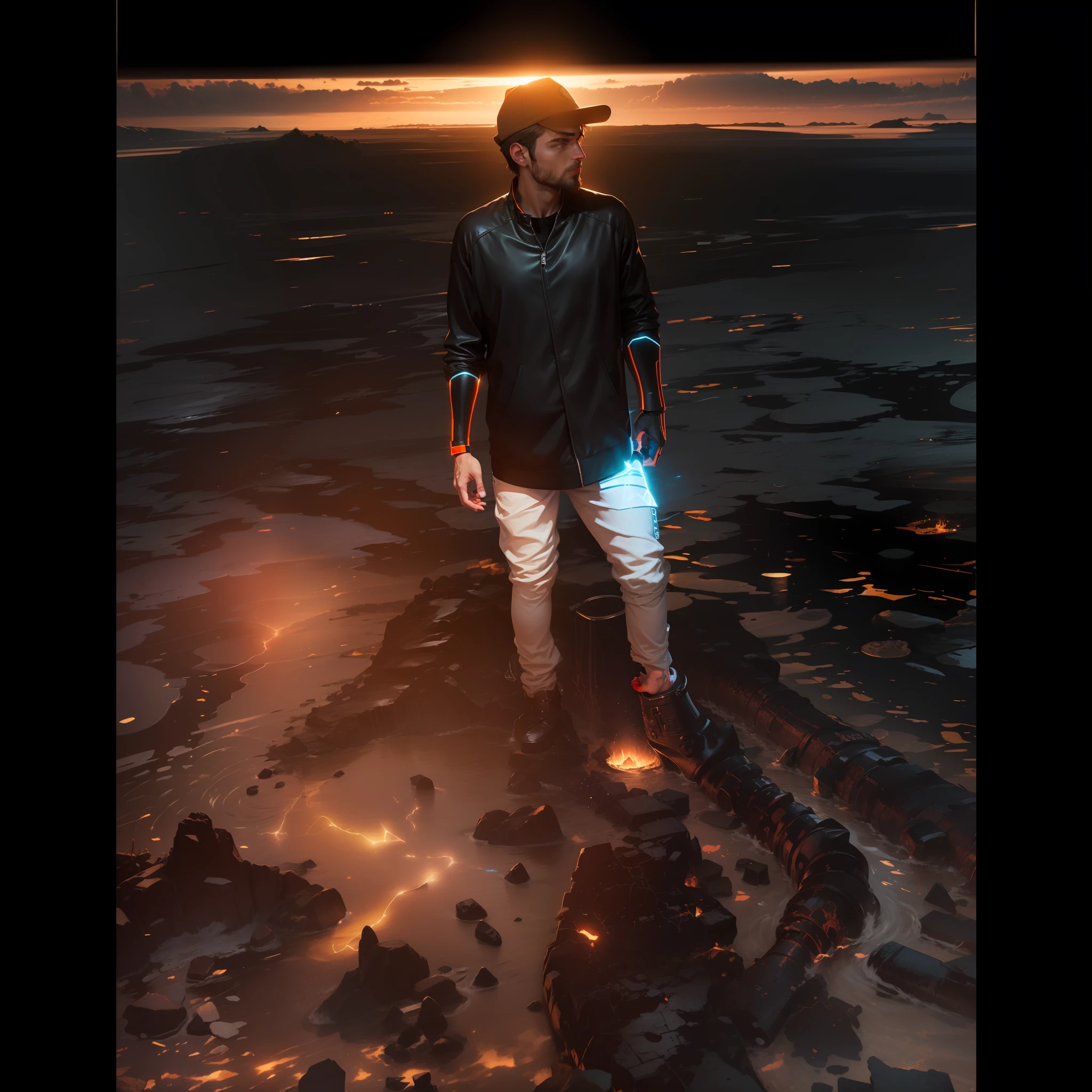 masterpiece, best quality, 1 male, adult, handsome, tall muscular guy, broad shoulders, finely detailed eyes and detailed face, extremely detailed CG unity 8k wallpaper, intricate details, intricate details, very short hair, undercut, grunge, serious expression, big arms, dark, old leather jacket, white t-shirt, medieval dark leg armor pants, neon motion stream, glowing lights, Grenade Launcher weapon, bright white energy streams of lights, rim lighting, sf, Apocalypse, from above, depth of field