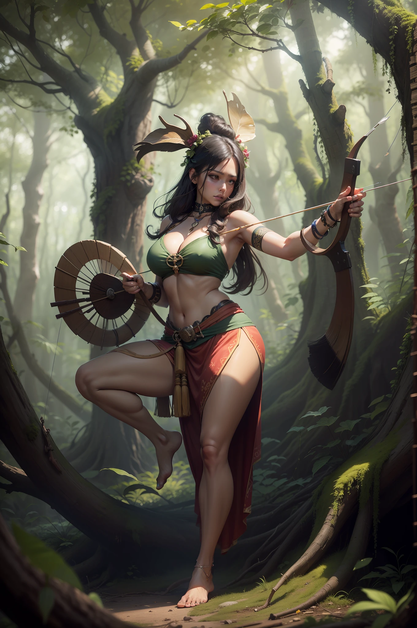 (digitial painting),(best qualtiy),Close-up of a beautiful woman,Drawing a bow and shooting arrows,Primitive tribesmen,Wear a hula skirt,Deerskin chest,Barefoot,In tropical primeval forests,Green moss,grape trees,Huge trees,Cover the sky,Fallen trees,8K hyper-realism,Strong color scheme,gentle illumination, prime time, Enigmatic Atmosphere,