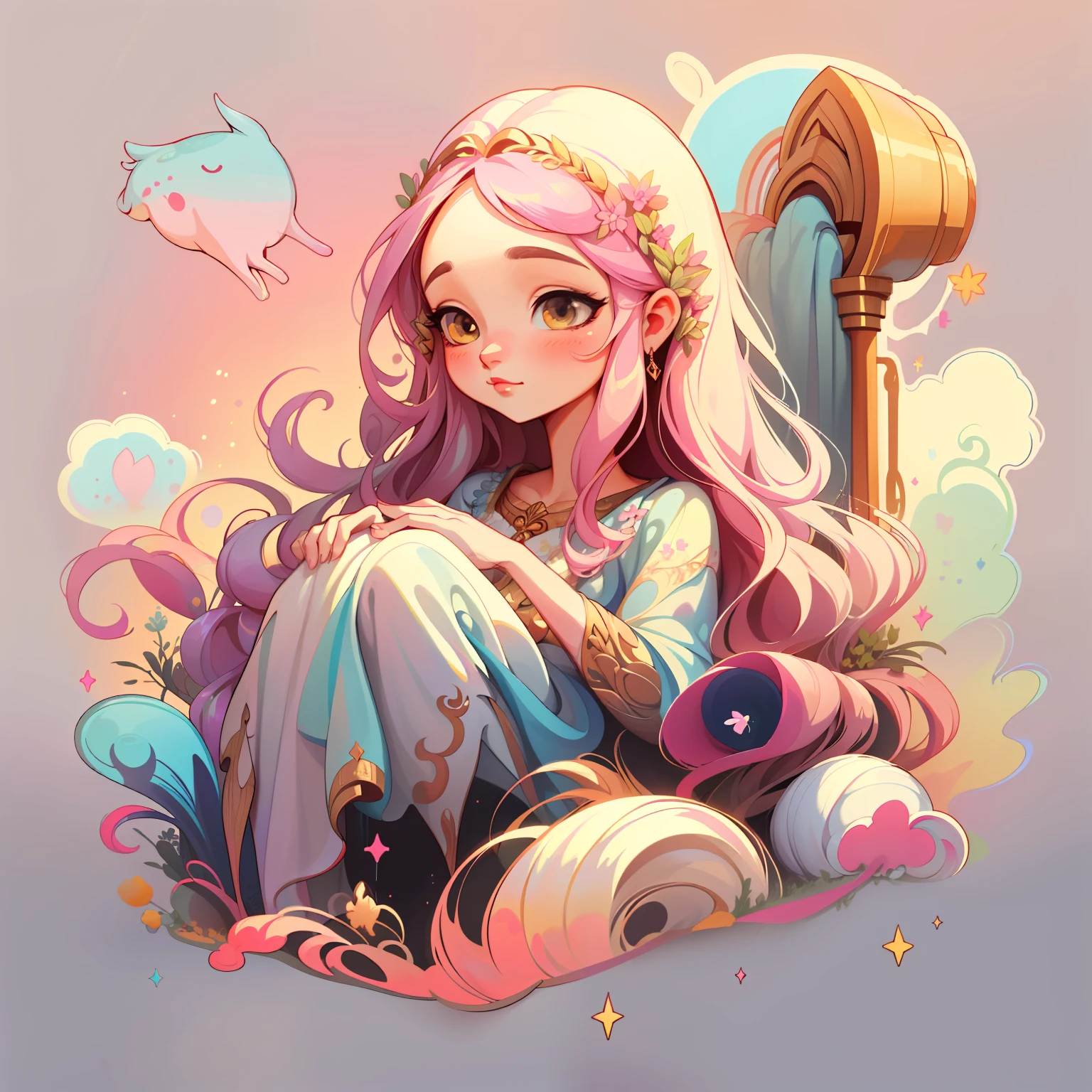 adesivo,1girl, fundo simples, retrato, girl with long hair, beautiful goddess girl, goddess aesthetic, beautiful girl, very beautiful fantasy art, beautiful and elegant female goddess, beautiful detailed fantasy, pink and yellow color palate, pink color-theme