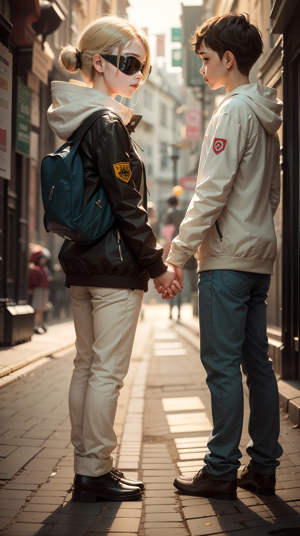 A blind girl, with a boy, standing together, holding hands, looking at each other.