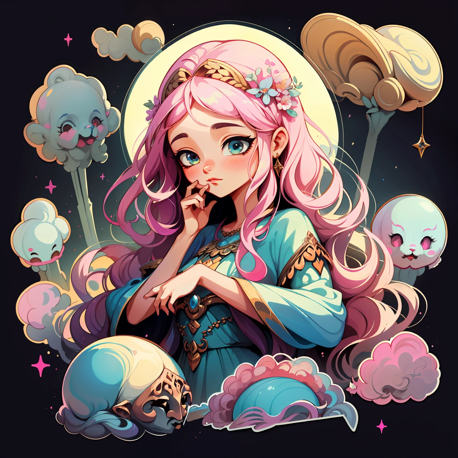 adesivo,1girl, fundo simples, retrato, girl with long hair, beautiful goddess girl, goddess aesthetic, beautiful girl, very beautiful fantasy art, beautiful and elegant female goddess, beautiful detailed fantasy, pink and yellow color palate, pink color-theme