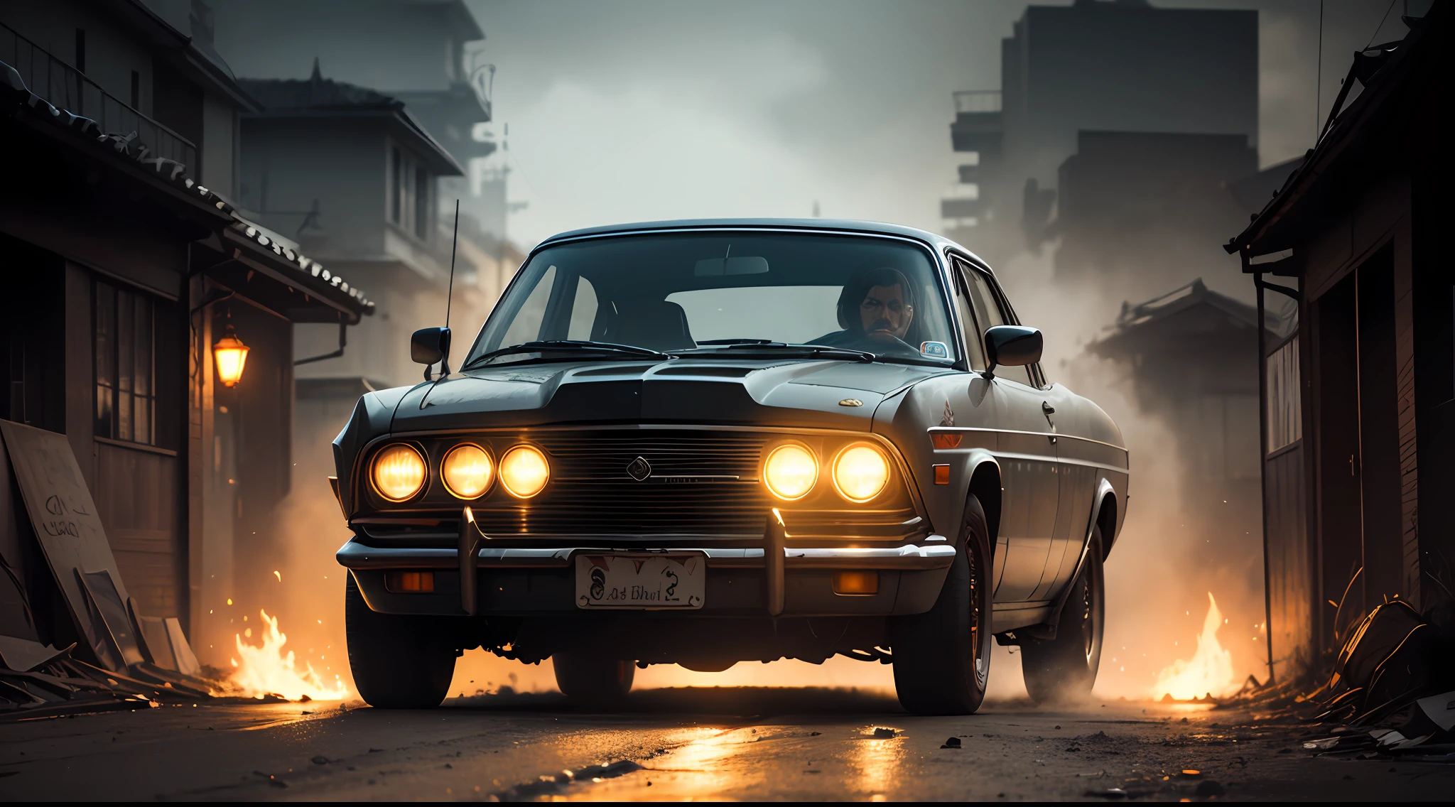 "Obra maestra, highest qualityr, estilo de cine de terror, atmospheric, Diabolical car, luces rojas, sombras intensas, ambiente oscuro, misterioso, Sense of imminent danger." --auto