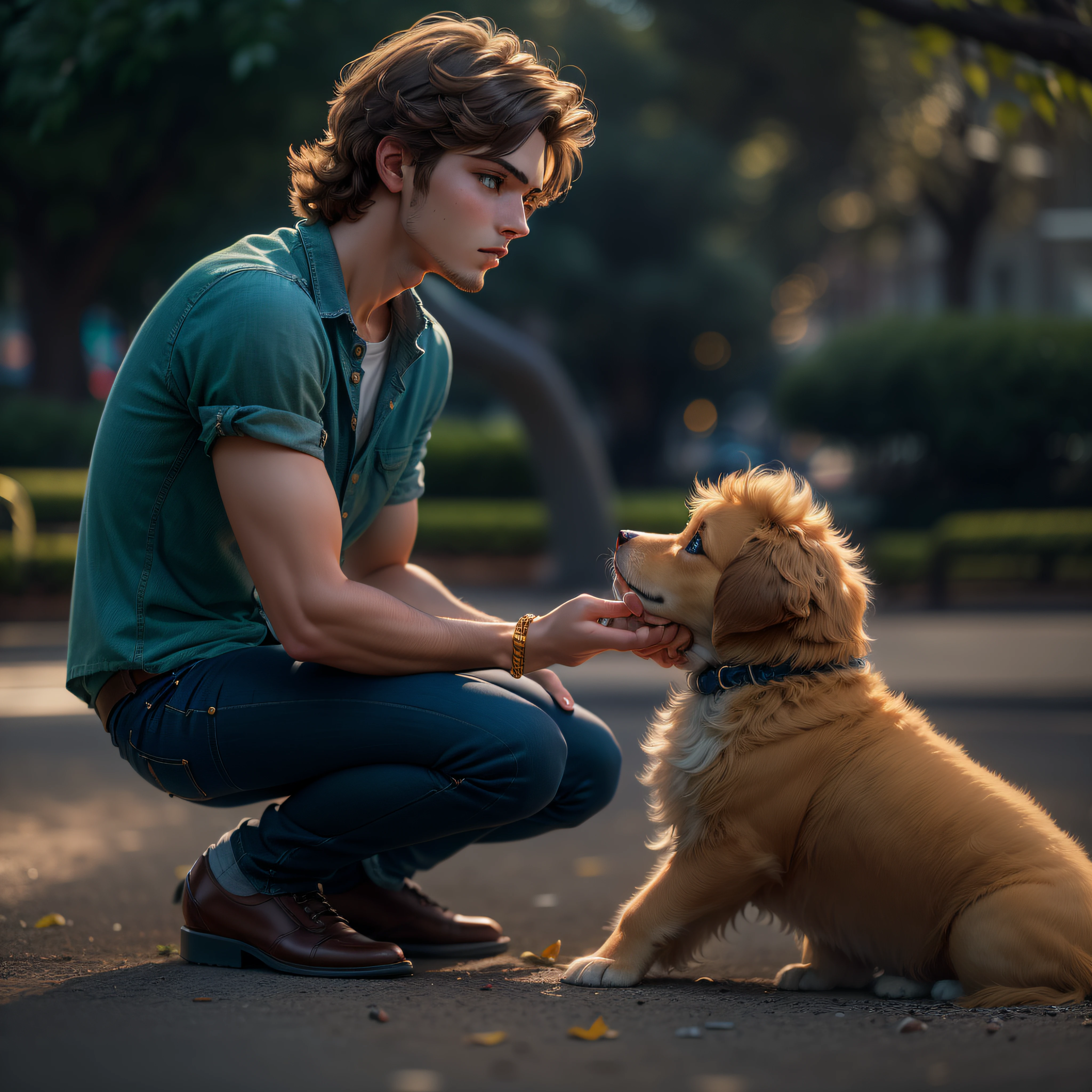 (dramatic illumination, dynamic angle, intense color contrast), (young man, caucasian, with shaggy brown hair and green eyes:1.2), (playing with golden puppy:1.2), (wearing dark blue denim shirt and dark blue jeans with cuffs:1.1), (outside in park: 1.1)
