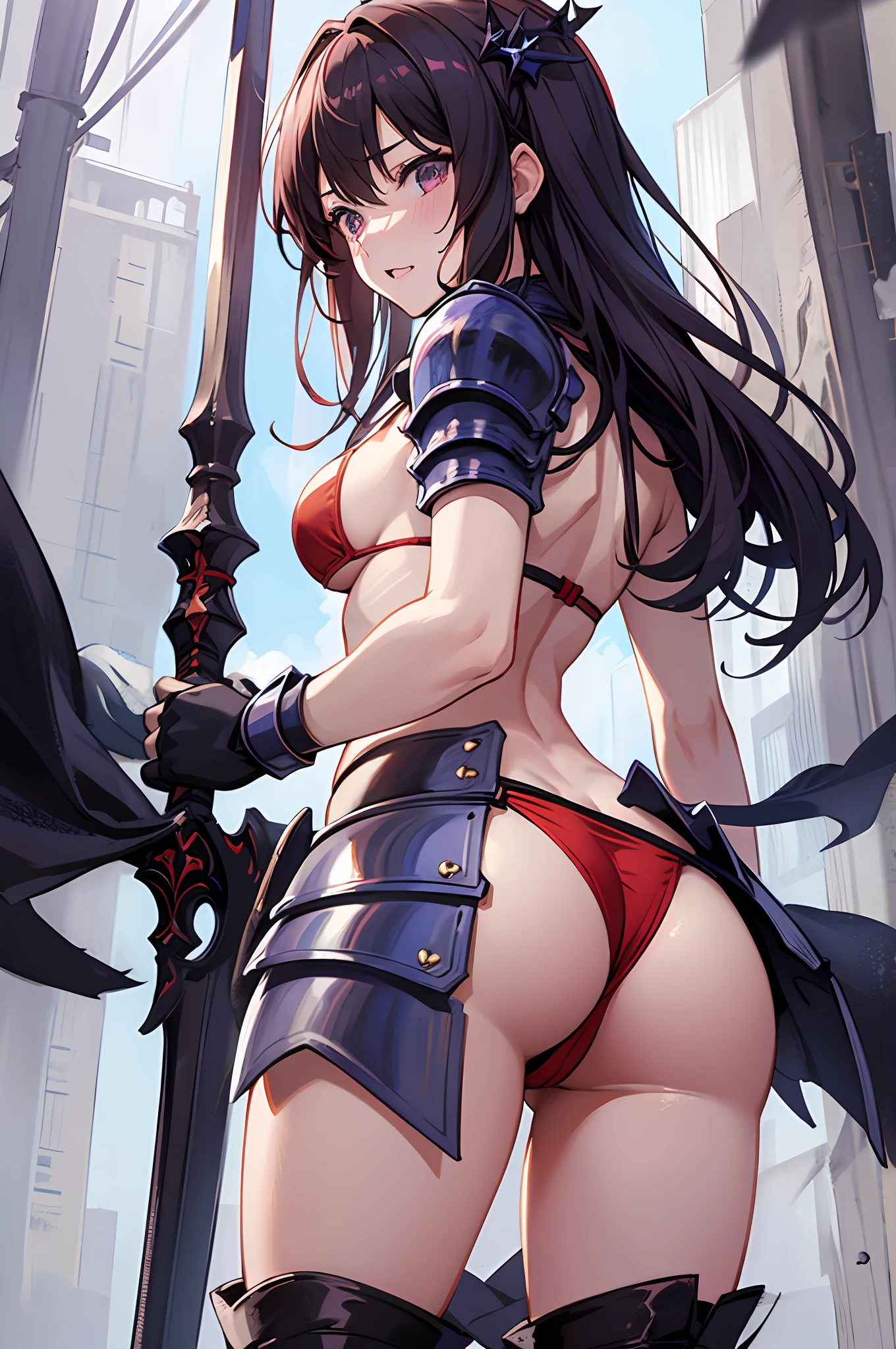 Shyness、embarrassed from、panties small、animesque、frombelow、low angles、Knights、battle field、Princess Knight、opens legs、bikini-armor、Red bikini、panties on、s Armor、dong、The sword、from the rear、perfect buttocks