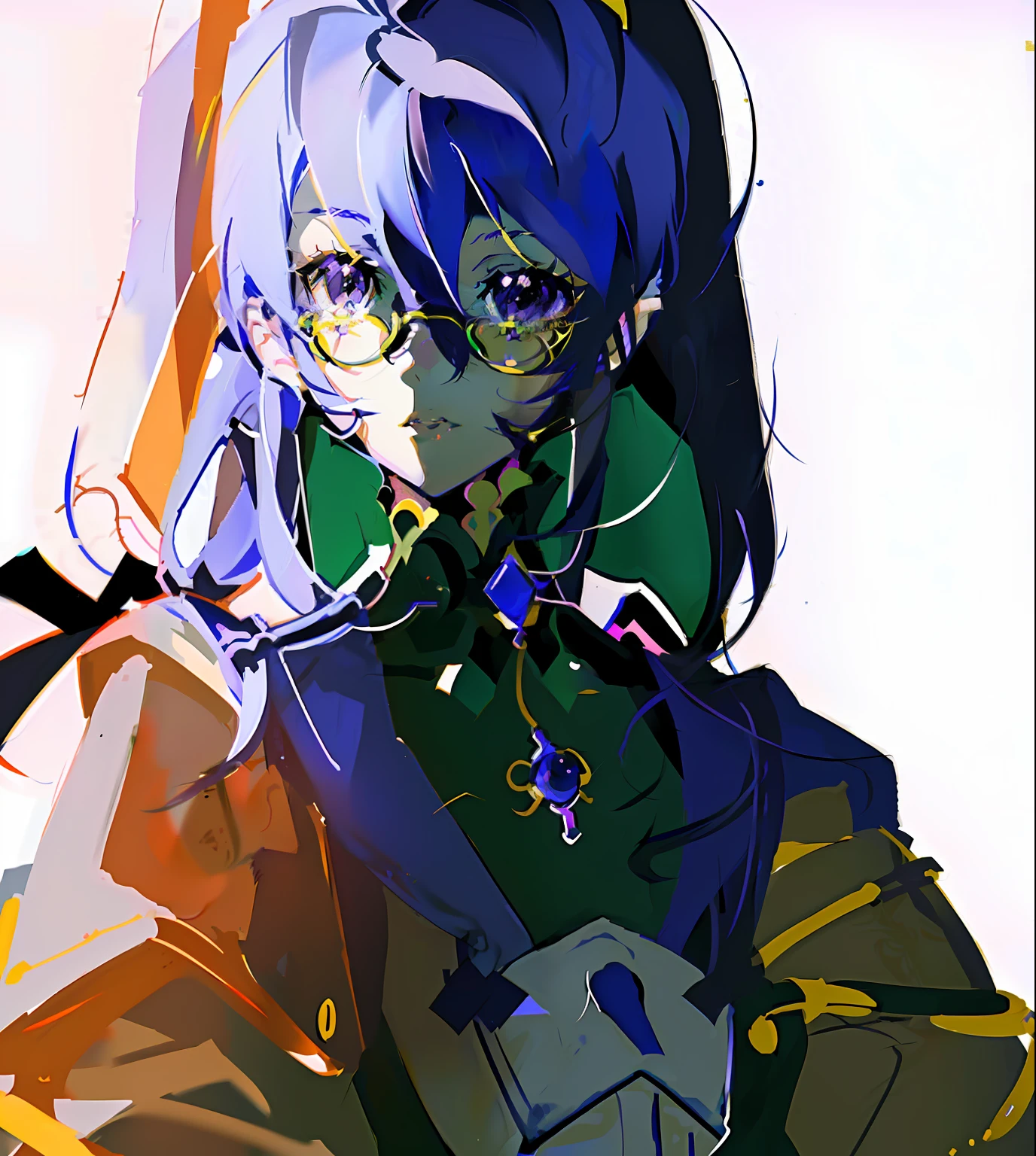 (Anime drawing of woman in glasses and suspenders, sketchy artstyle, no shade, Line sketch, style of anime, kagamine rin, clean anime outlines, Anime style, Flat anime style shadows, Anime style portrait, Limited to anime style, Purple eye, Tattoos on the neck and chest, Hair dyeing, Multiple stud earrings:1.3, Bigchest)