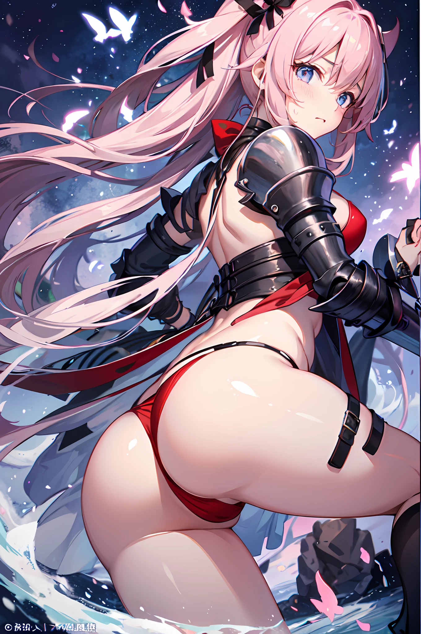 Shyness、embarrassed from、panties small、animesque、frombelow、low angles、Knights、battle field、Princess Knight、opens legs、bikini-armor、Red bikini、panties on、s Armor、dong、The sword、from the rear、perfect buttocks