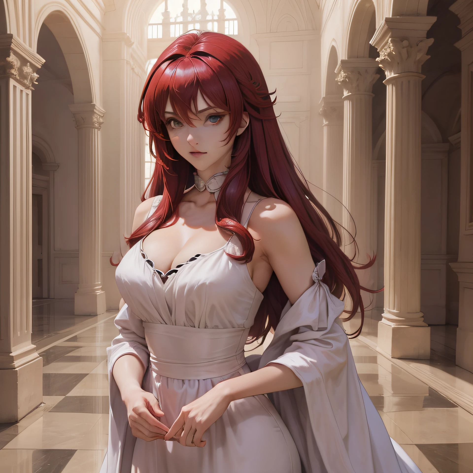 Rias Gremory, cabelo vermelho, ultra qualidade, vestido vermelho, corpo definido e grande, quadril largo, peitos grandes , 8k, (detalhes de anime: 1.15), Isekai, dentro de um castelo na sala